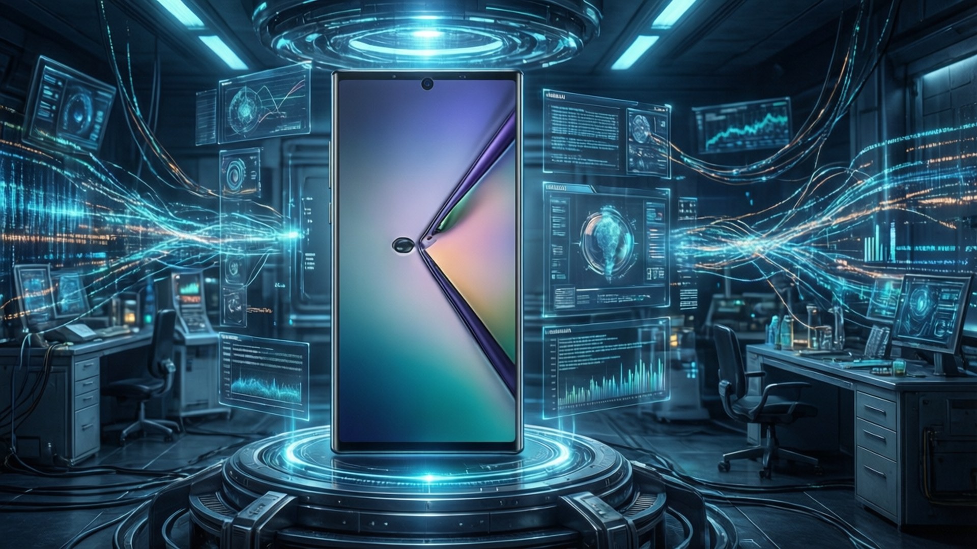 Tech Lab Note 10 壁紙 — 一部時尚的未來智能手機立於高科技實驗室的發光底座上，周圍環繞著浮動的全息數據顯示屏和霓虹藍色燈光。