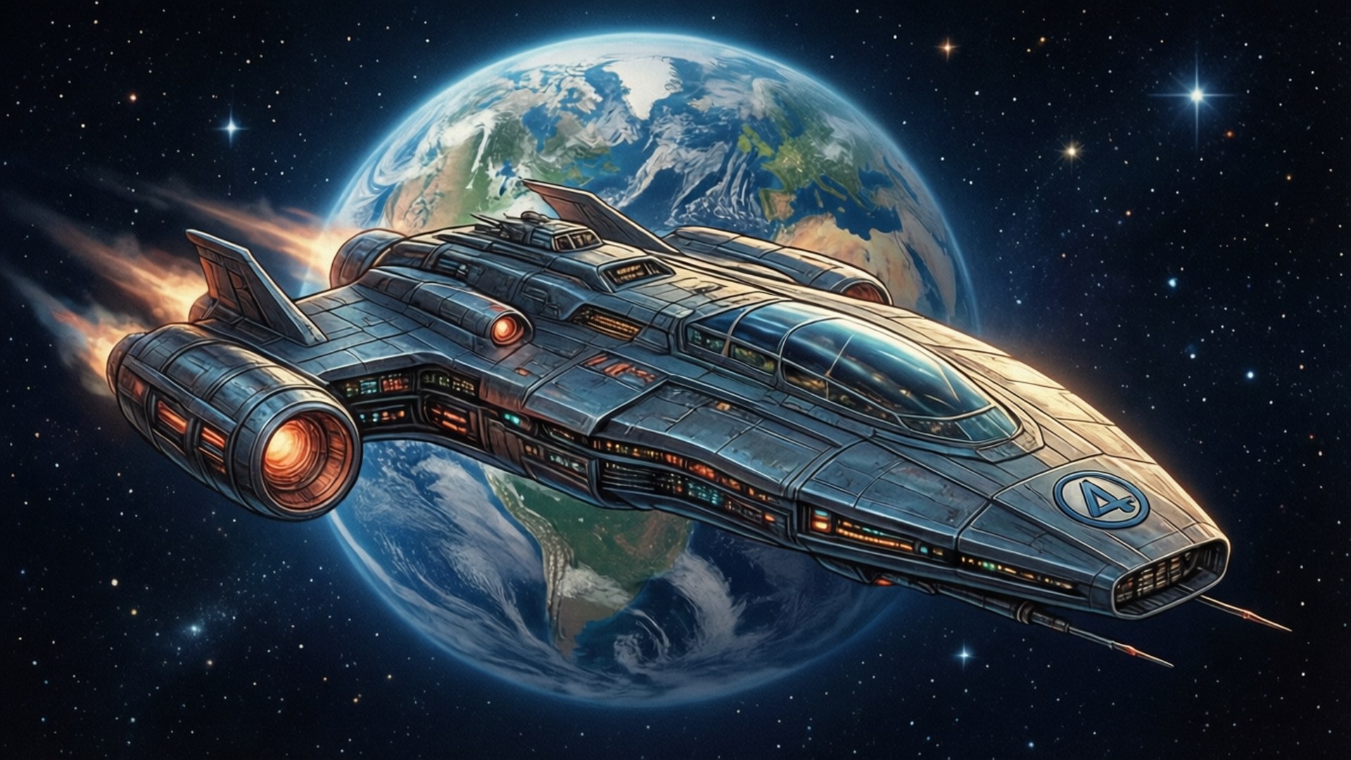 Space Voyage 壁紙 — 一艘時尚的未來太空船，帶有發光的引擎，在星光燦爛的宇宙背景下掠過地球。