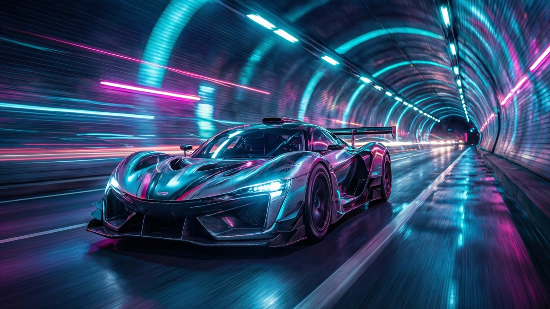 Neon Speed Run 壁紙 — 一輛時尚的未來主義跑車在霓虹燈隧道中疾馳，帶有粉紅色和藍色的燈光。