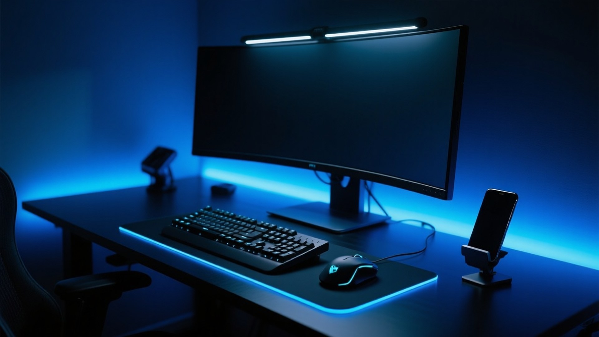 UltraWide Workstation 壁紙 — 時尚的遊戲桌沐浴在冷藍色LED燈光下，配備曲面顯示器、鍵盤、滑鼠和手機支架，位於簡約的暗房中。