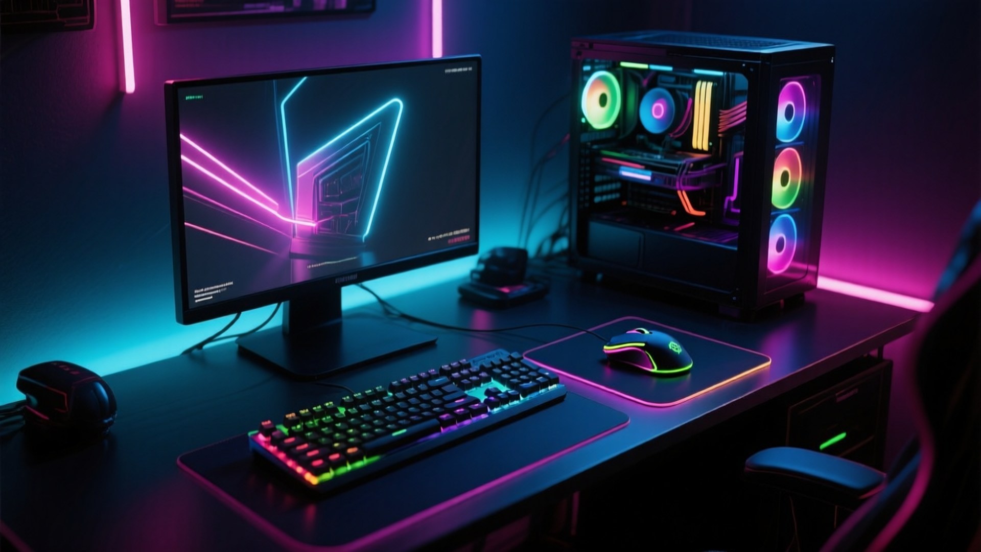 Gamer Battlestation 壁紙 — 一個時尚的遊戲設置在黑暗的桌子上閃爍著鮮豔的霓虹燈光，配有發光的鍵盤、滑鼠和透明PC機箱。