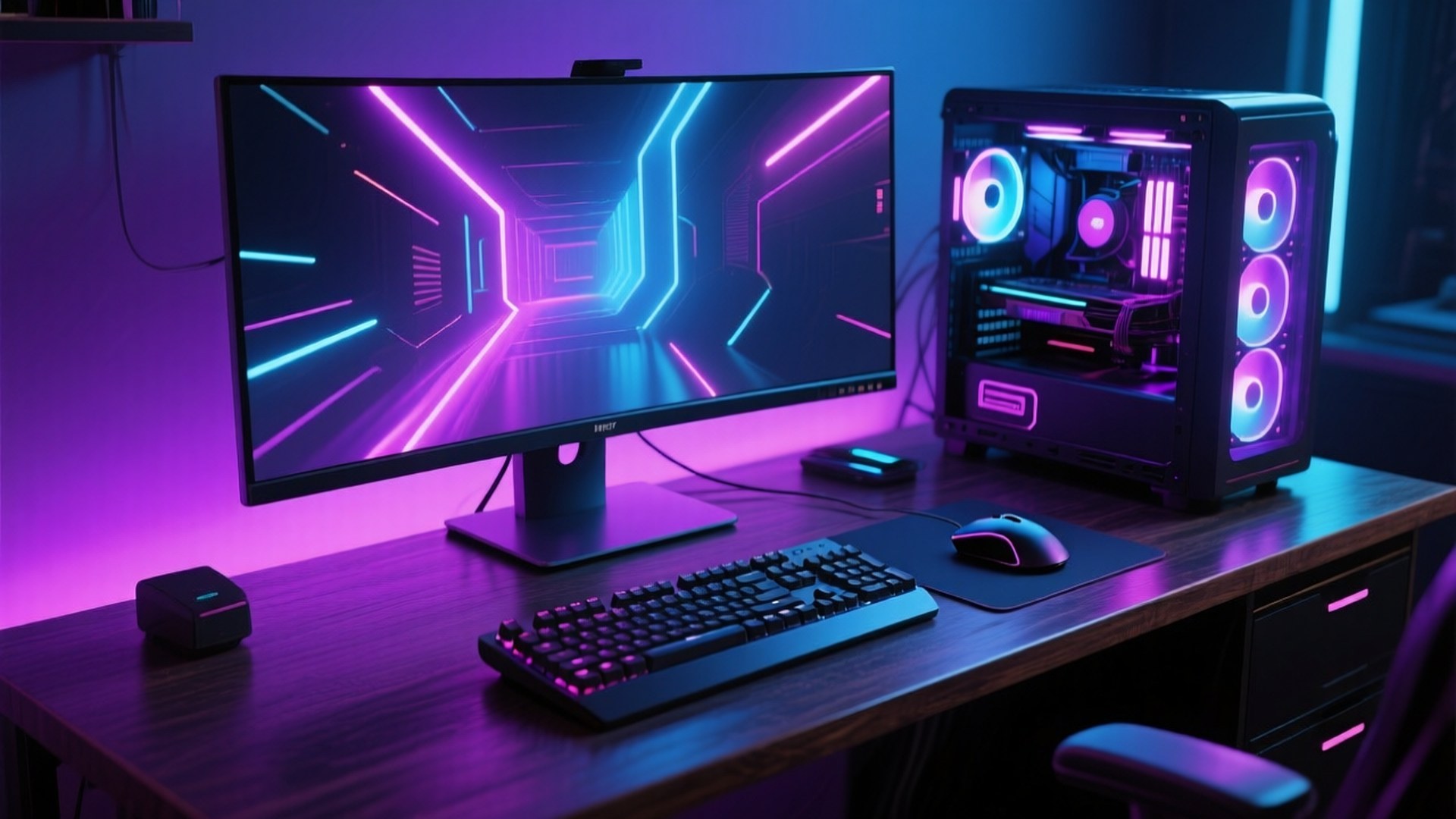 RGB Gaming Rig 壁紙 — 時尚的遊戲設置，螢幕上有一個發光的霓虹燈隧道，以及一個帶有紫色和藍色 LED 風扇的自訂 PC。