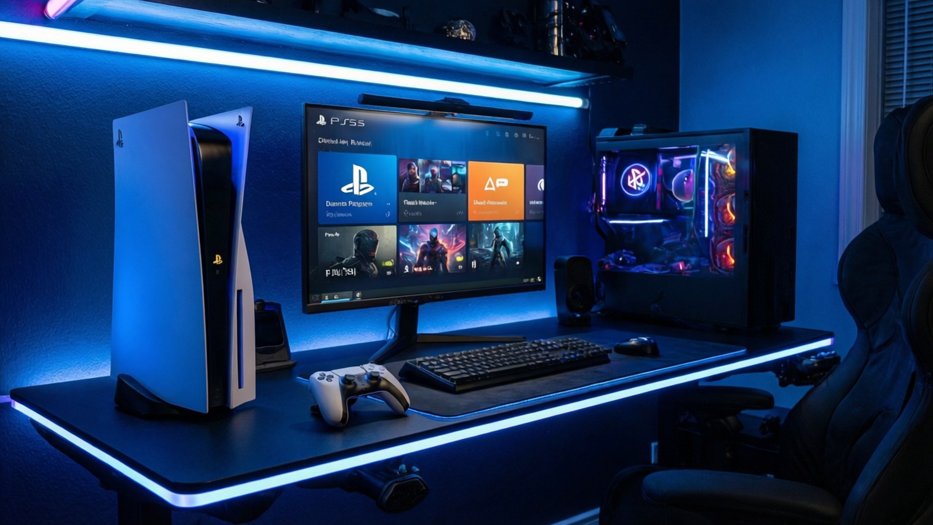 Cyberpunk PS5 Setup 壁紙 — 一個時尚的遊戲設置，配備 PlayStation 5 主機，在藍色 LED 燈光下發光，桌上還有 PC 塔和顯示遊戲選項的顯示器。