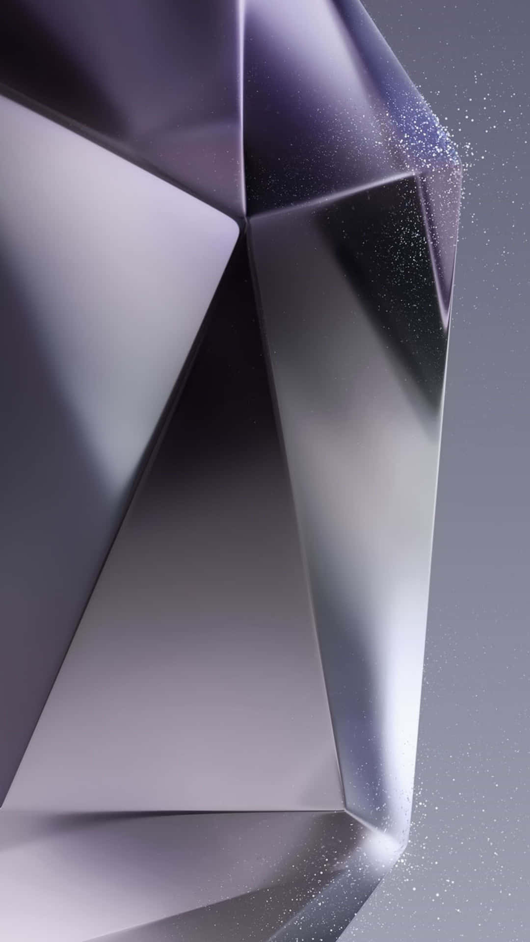 在漸變紫色背景上帶有閃粉顆粒的抽象幾何水晶 — Galaxy S10 壁紙