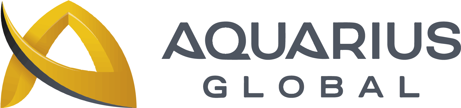 aquarius 桌布 壁紙 — Aquarius Global 的時尚金色和灰色抽象標誌，在乾淨的白色背景上採用粗體無襯線字體。