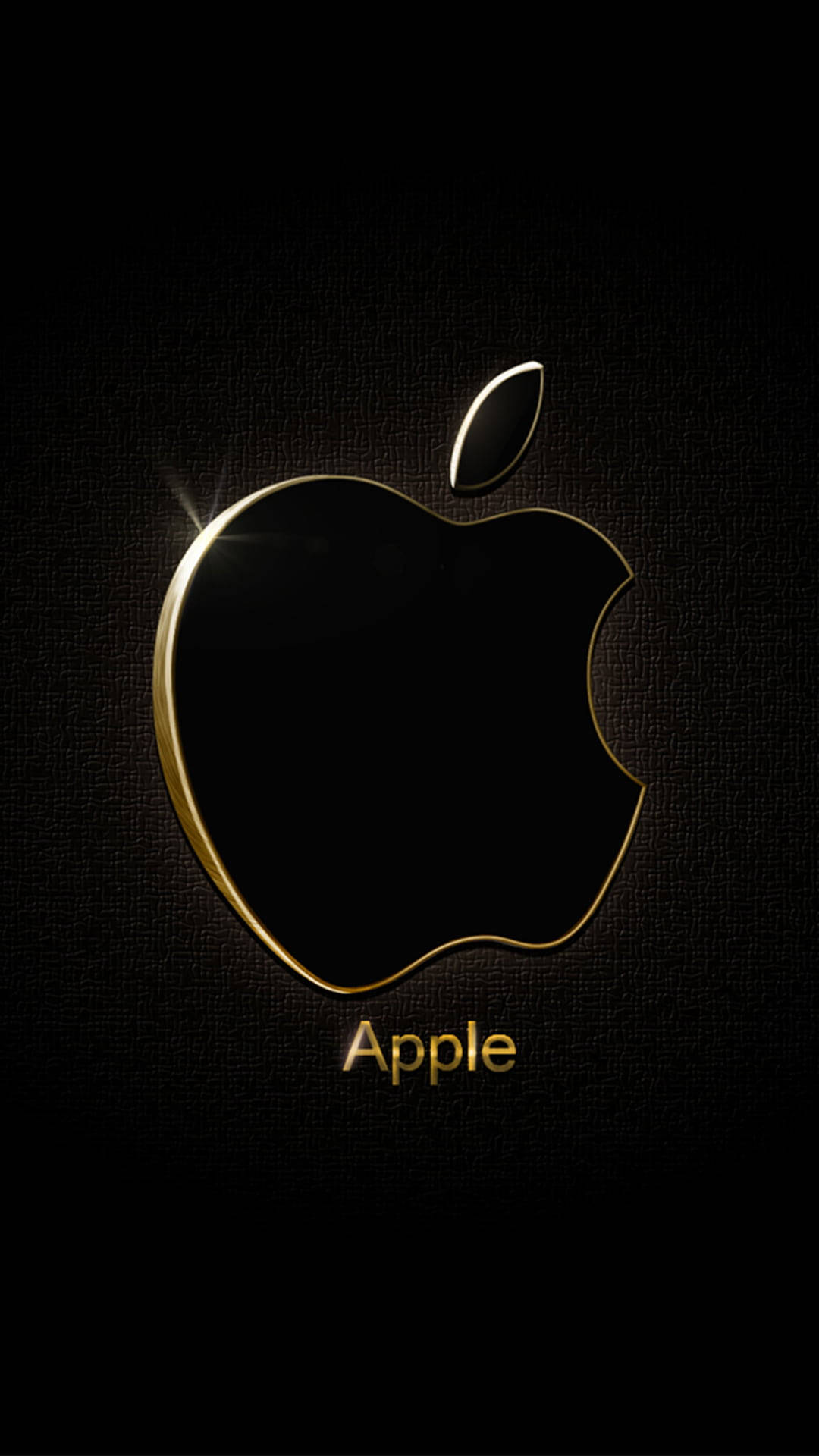 金色Apple標誌在黑色紋理背景上，帶有光線反射。 — 3D 壁紙