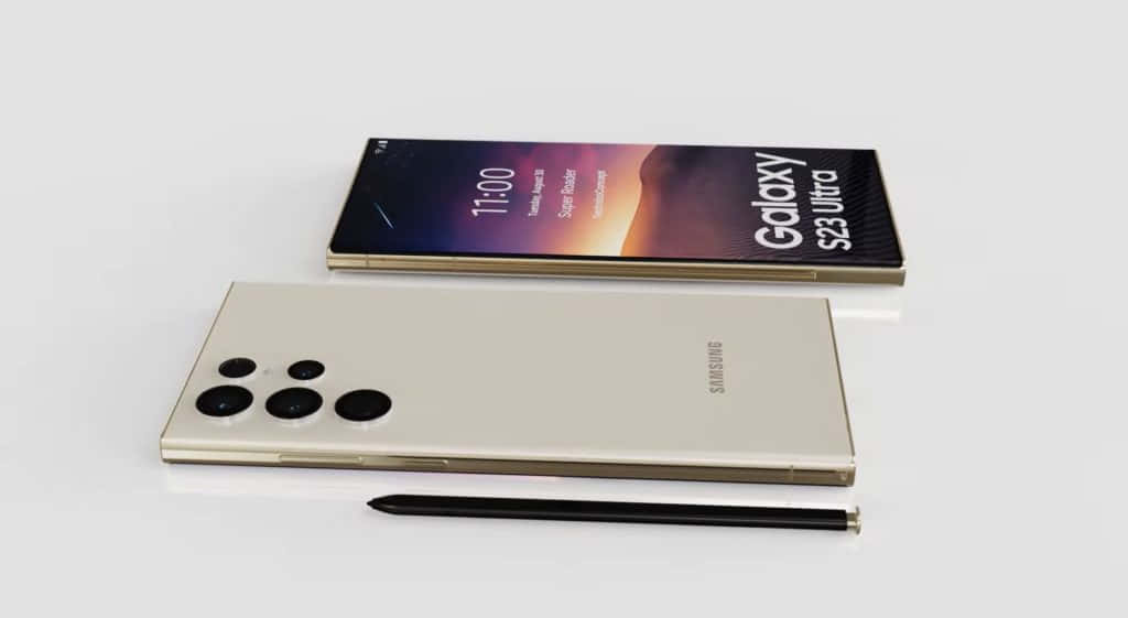  壁紙 — 一部時尚的金色Samsung Galaxy S23 Ultra智慧型手機連同S Pen放在白色表面上，展示其四鏡頭陣列和鮮豔顯示螢幕。