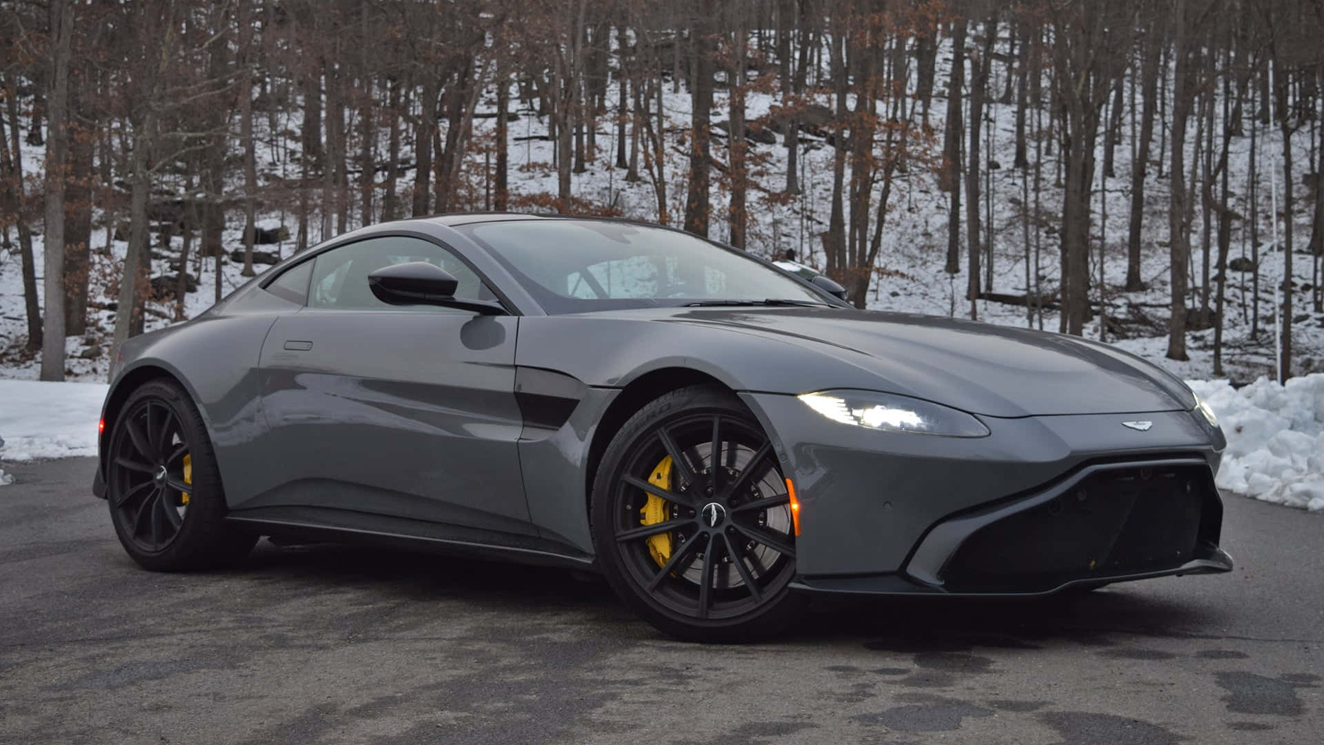 Aston Martin Vantage 桌布 壁紙 — 一輛時尚灰色 Aston Martin 跑車，配備黃色制動卡鉗，停泊在積雪的森林道路上。