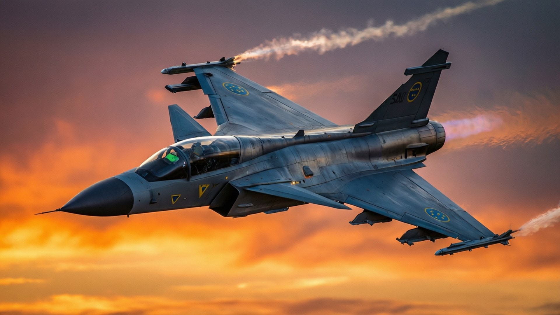 Saab JAS 39 Gripen 桌布 壁紙 — 一架流線型灰色戰鬥機在火紅的日落天空中翱翔，留下白色煙霧痕跡。