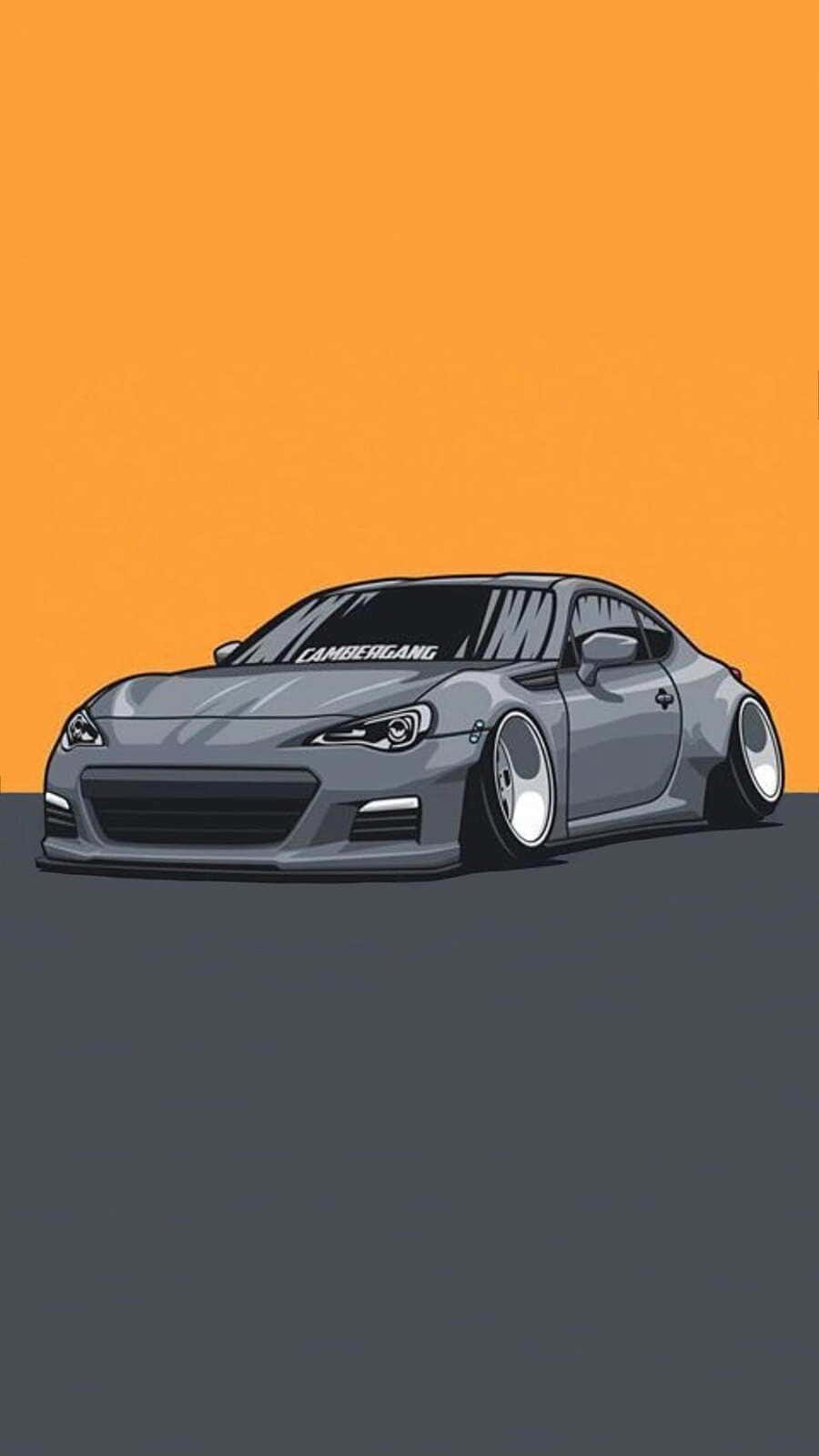  壁紙 — 一輛時尚灰色改裝跑車，配備寬輪和「CAMBERGANG」貼紙，矗立在充滿活力的橙色背景前。