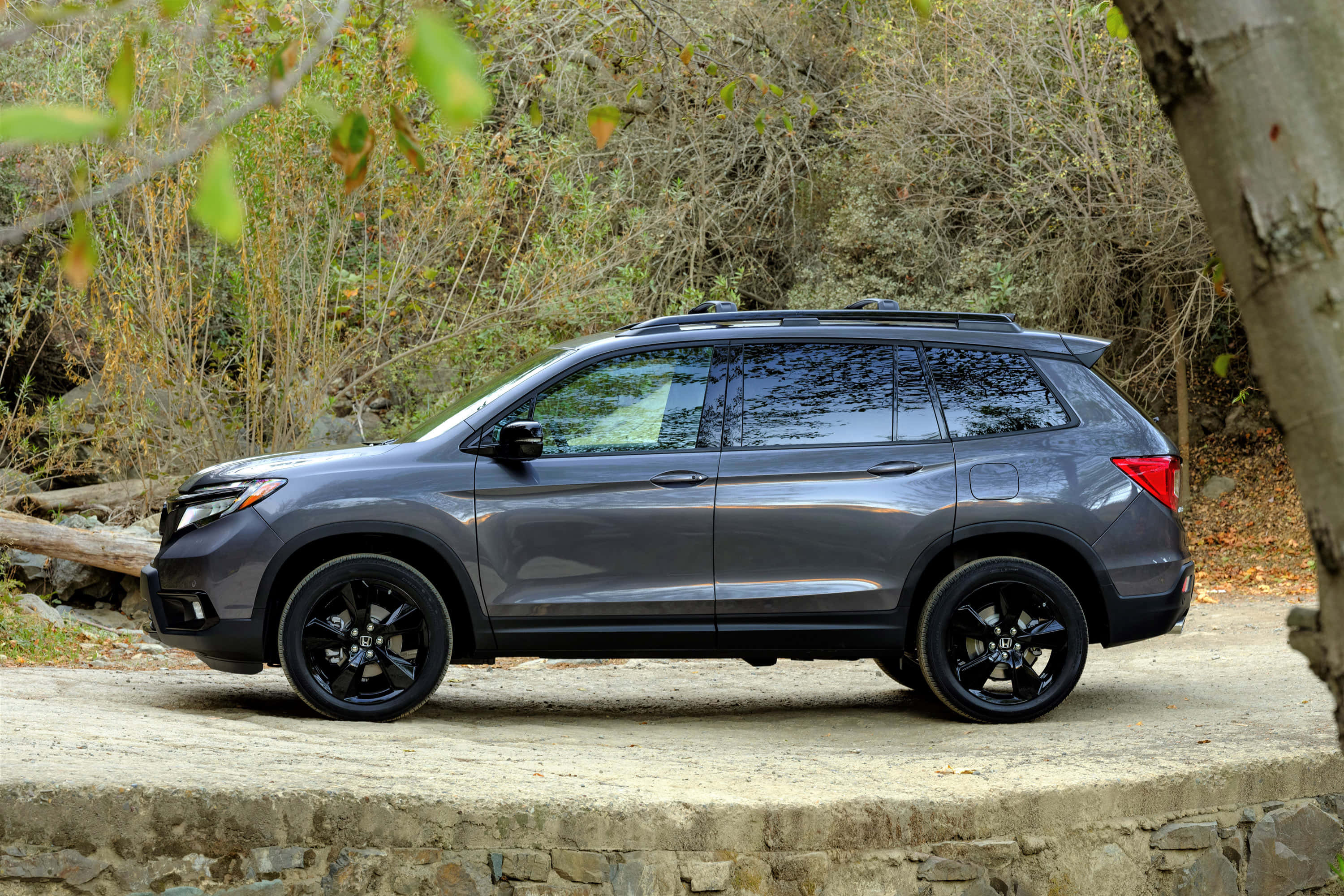 Honda Passport 桌布 壁紙 — 一輛時尚灰色SUV配黑色輪圈，停泊在石徑上，周圍是秋葉和樹木。