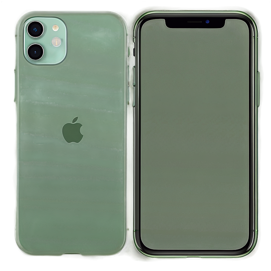 綠色 iPhone 11 正面和背面視圖，顯示相機和標誌。 — iPhone 11 壁紙