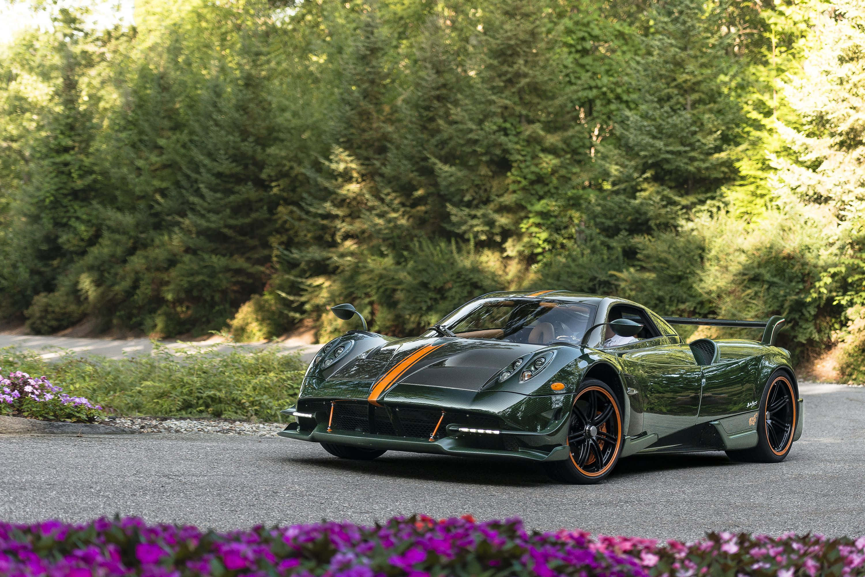 Pagani Huayra Roadster Bc 桌布 壁紙 — 一輛帶有橙色點綴的時尚綠色Pagani Huayra停泊在碎石路上，周圍是茂密的森林和紫色花朵。