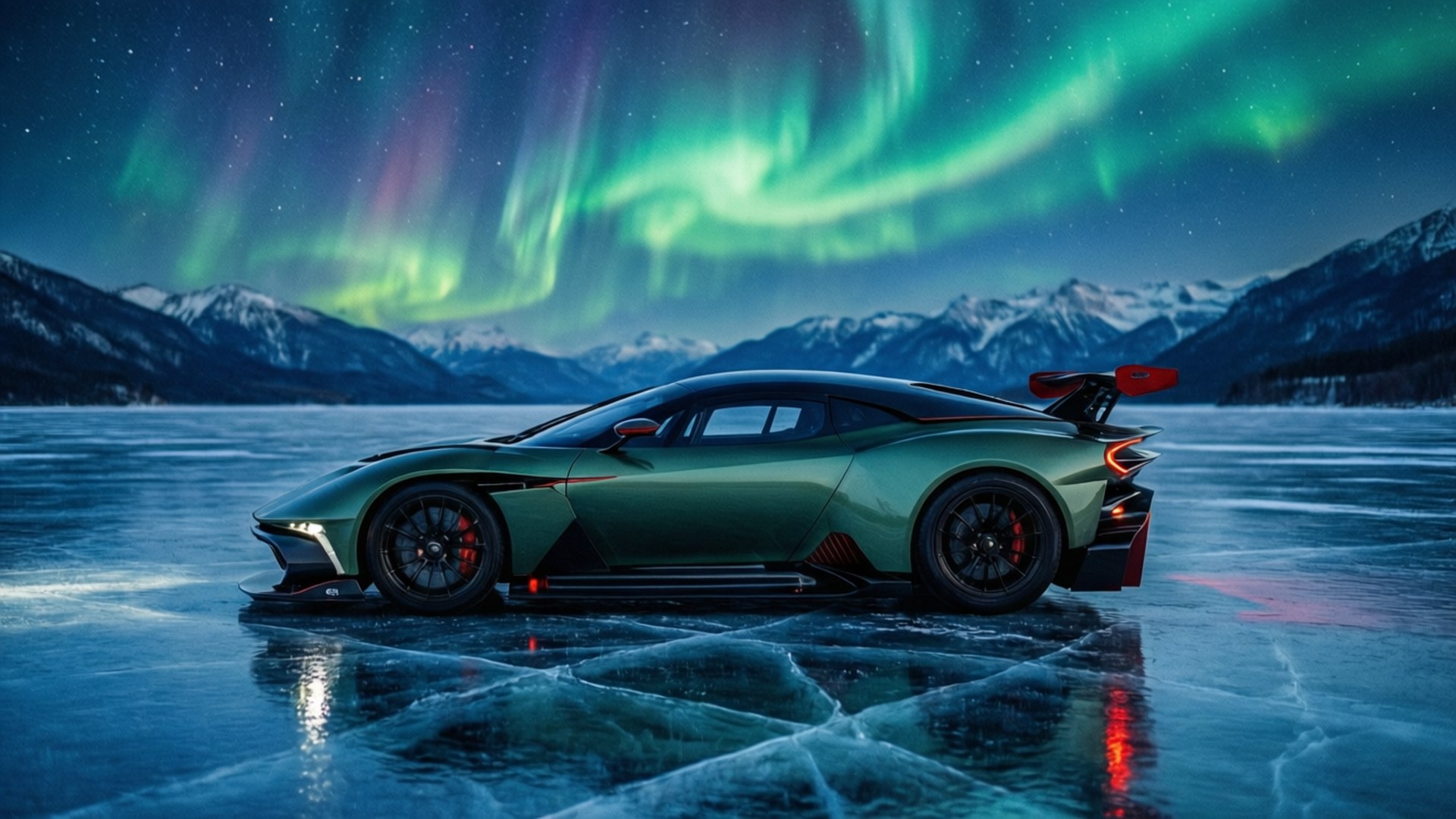Aurora Vulcan Ice 壁紙 — 一架時尚的綠色跑車停在冰凍的湖面上，背景是充滿活力的綠色和紫色極光，以及白雪覆蓋的山脈。