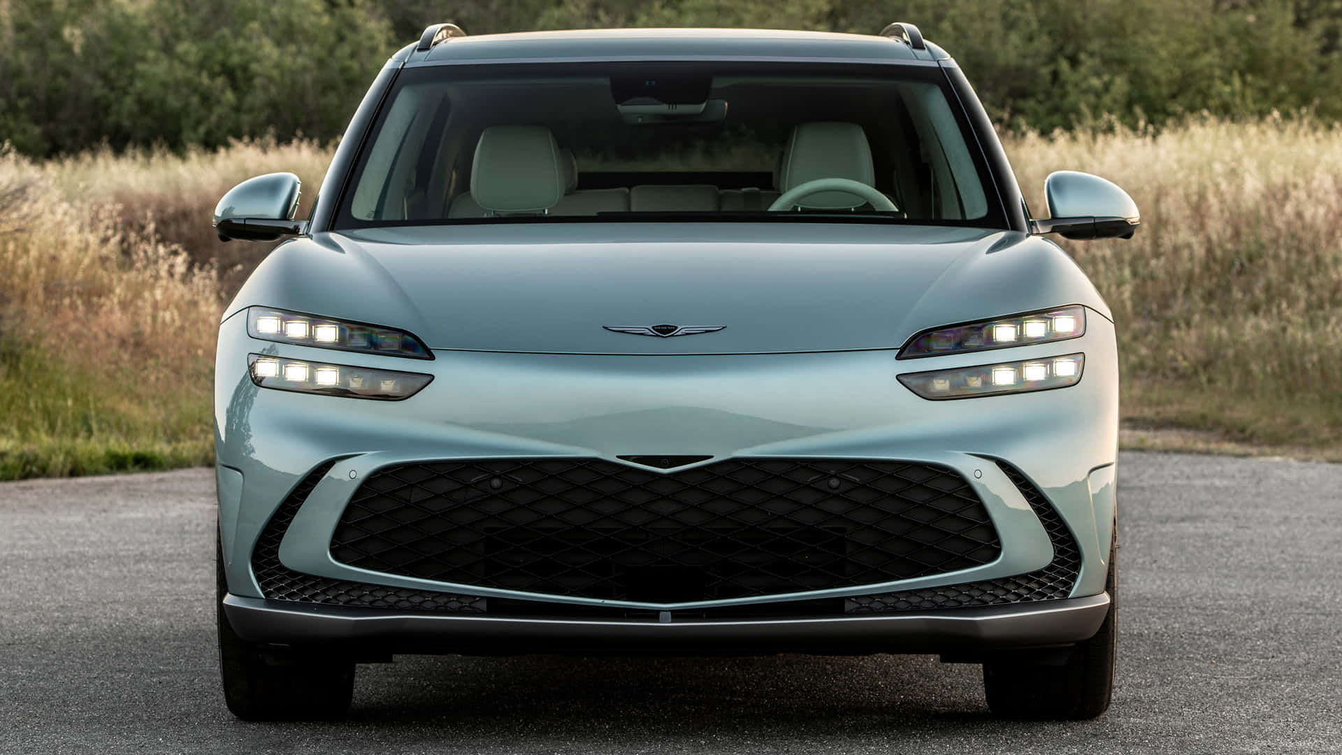 Genesis Gv60 桌布 壁紙 — 一輛時尚的淺藍色現代SUV在鋪砌的道路上向前行駛，背景有高草和樹木。