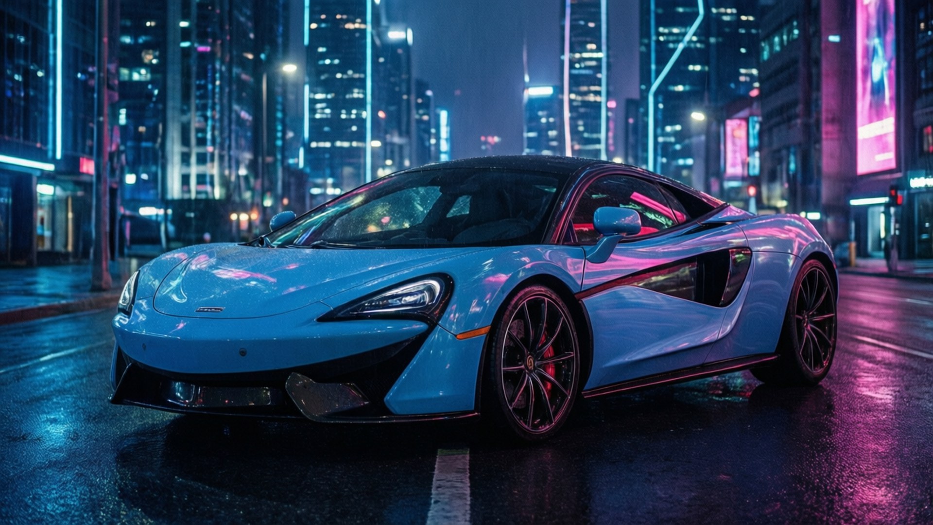 Mclaren Gt 桌布 壁紙 — 一架時尚的淺藍色跑車在夜間濕漉漉的城市街道上，在霓虹燈下閃閃發光。