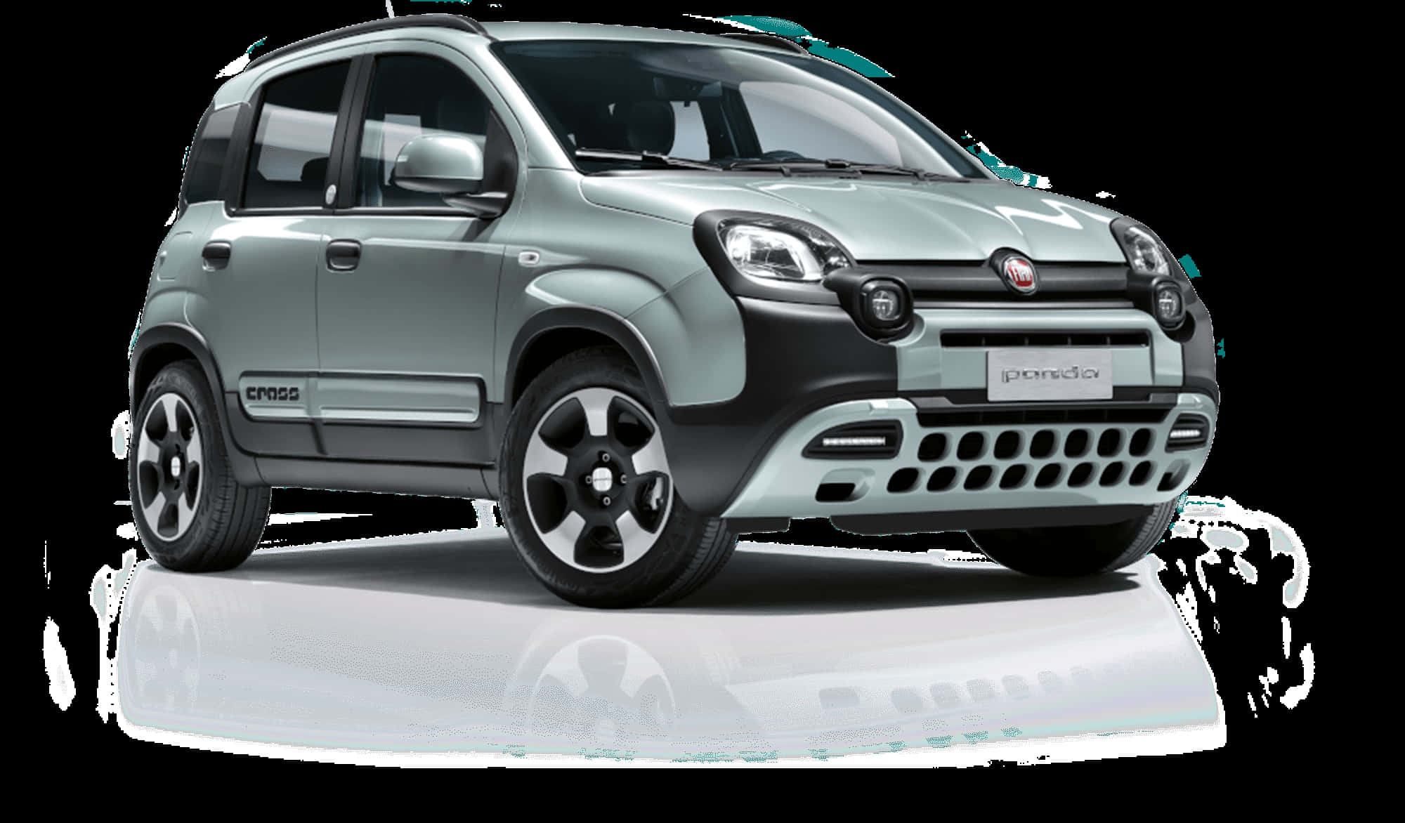 Fiat Fiorino 桌布 壁紙 — 一部時尚的淺綠色 Fiat Panda Cross SUV，帶有黑色飾件和時尚合金輪圈，在反射性白色平台上展示，背景為純黑色。