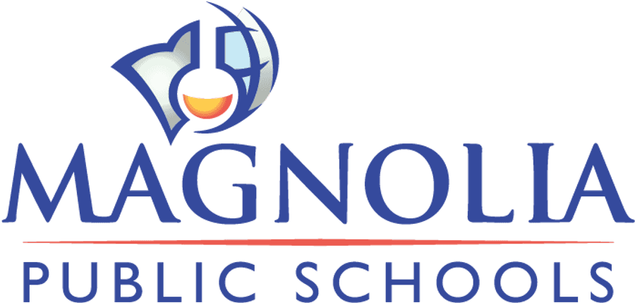 木蘭 桌布 壁紙 — Magnolia Public Schools 的時尚標誌，以風格化的木蘭花為特色，帶有橙色中心和藍色漸變花瓣。