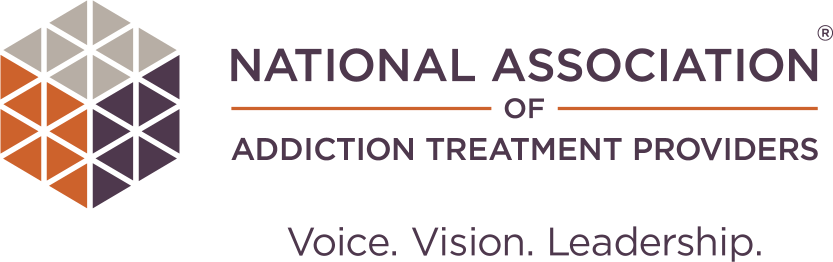 標誌 桌布 壁紙 — National Association of Addiction Treatment Providers 的時尚標誌，採用幾何立方體，帶有橙色、灰色和紫色三角形，以及黑色背景上的紫色文字。