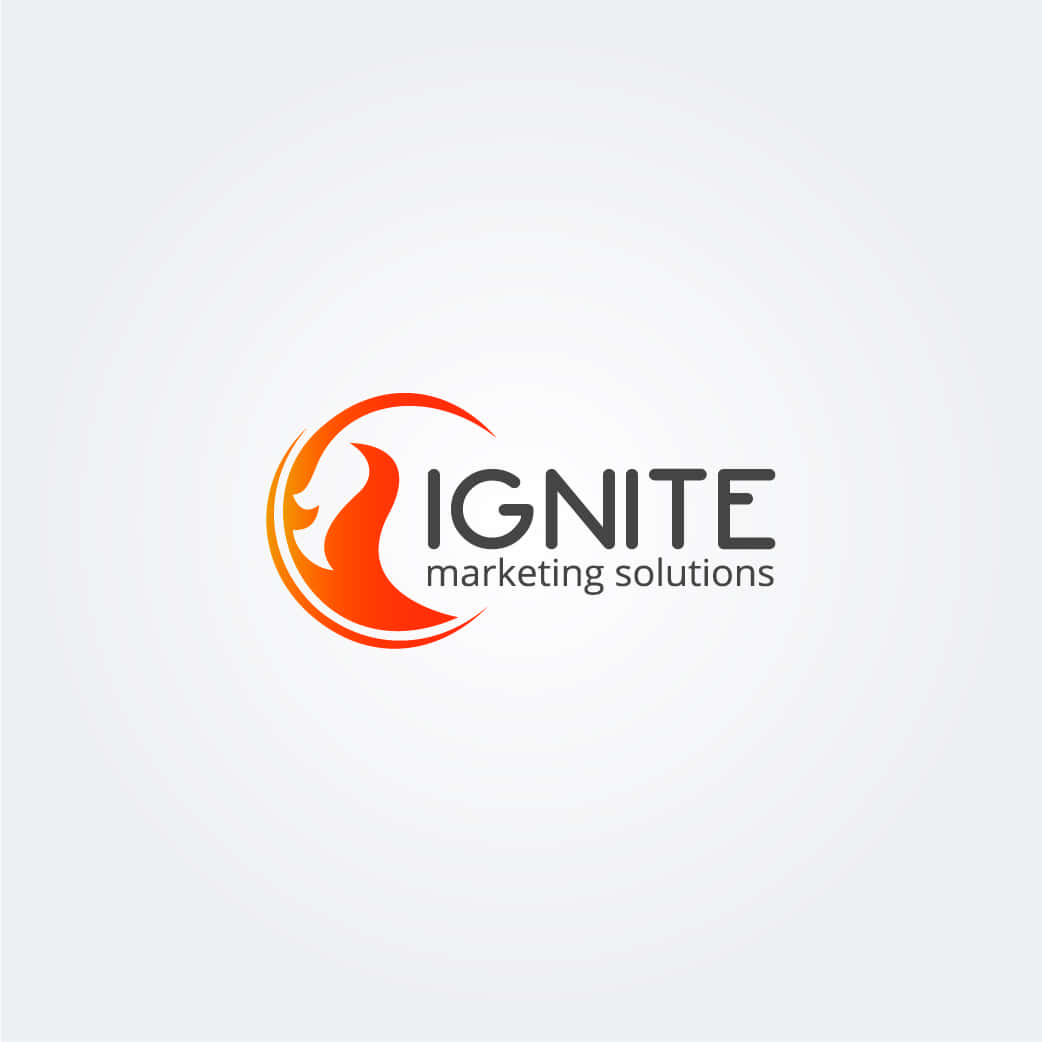 壁紙 — 一個時尚的標誌，帶有橙色火焰漩渦，旁邊是粗體文字 ignite marketing solutions，背景為淺灰色。