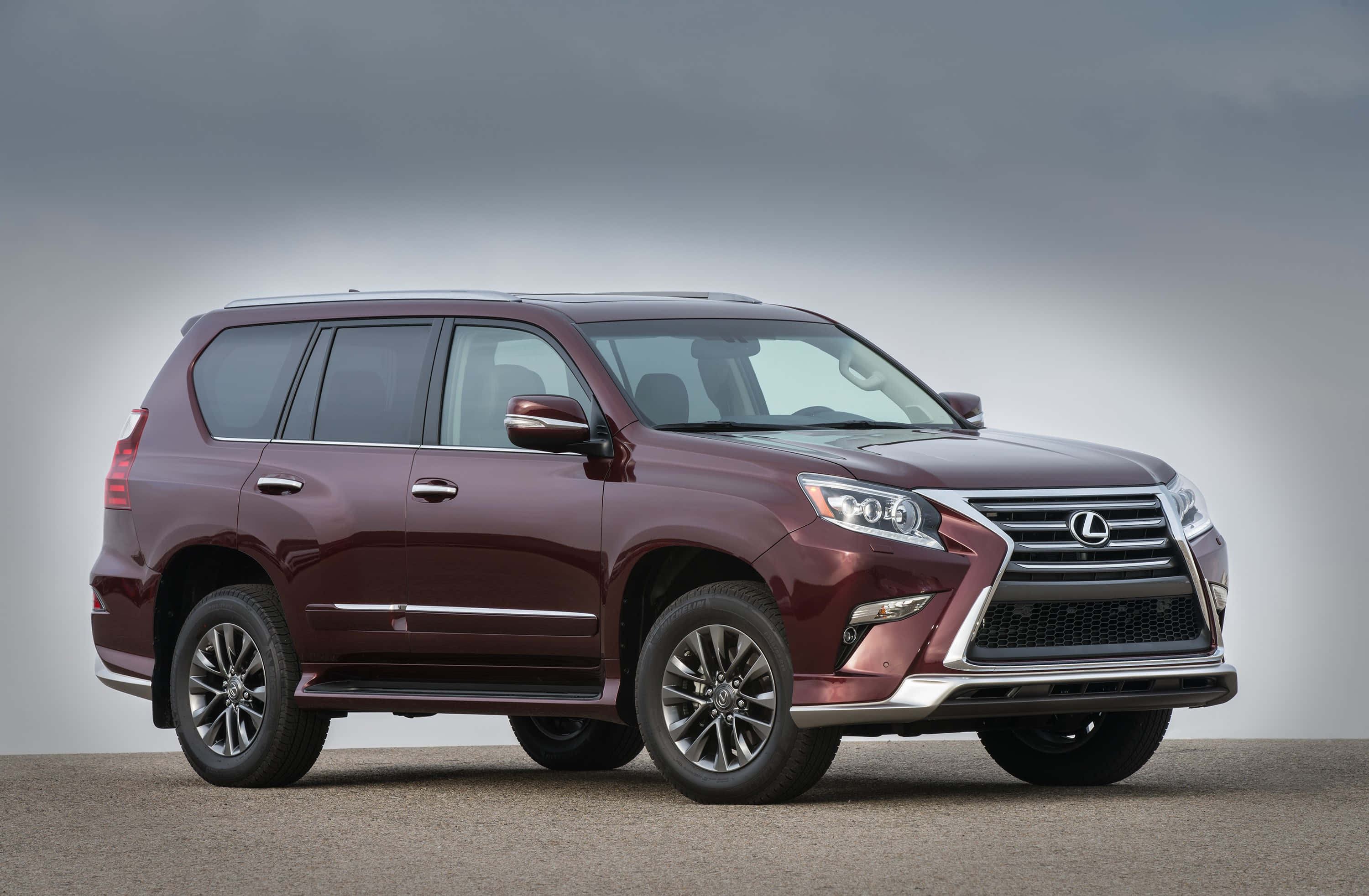 Lexus Gx 460 桌布 壁紙 — 一輛時尚的栗色Lexus GX SUV在柔和的灰色工作室背景前矗立，柔和的光線突顯其拋光曲線和鍍鉻裝飾。