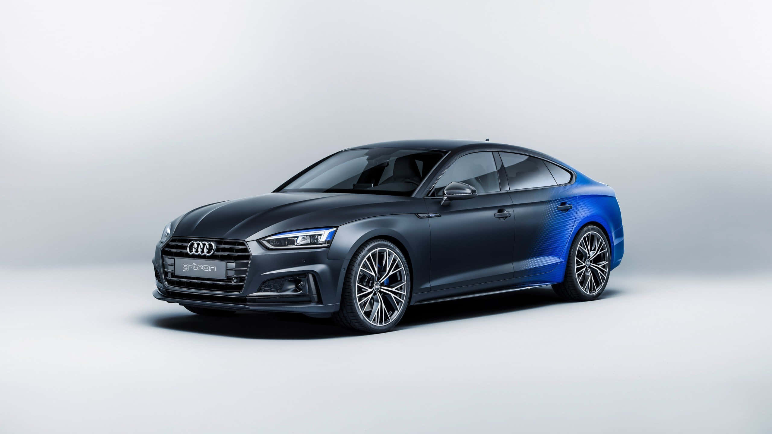 Audi A5 桌布 壁紙 — 一輛時尚的啞光黑色奧迪轎車，帶有充滿活力的藍色後部點綴，在工作室燈光下閃耀，背景為簡約白色。