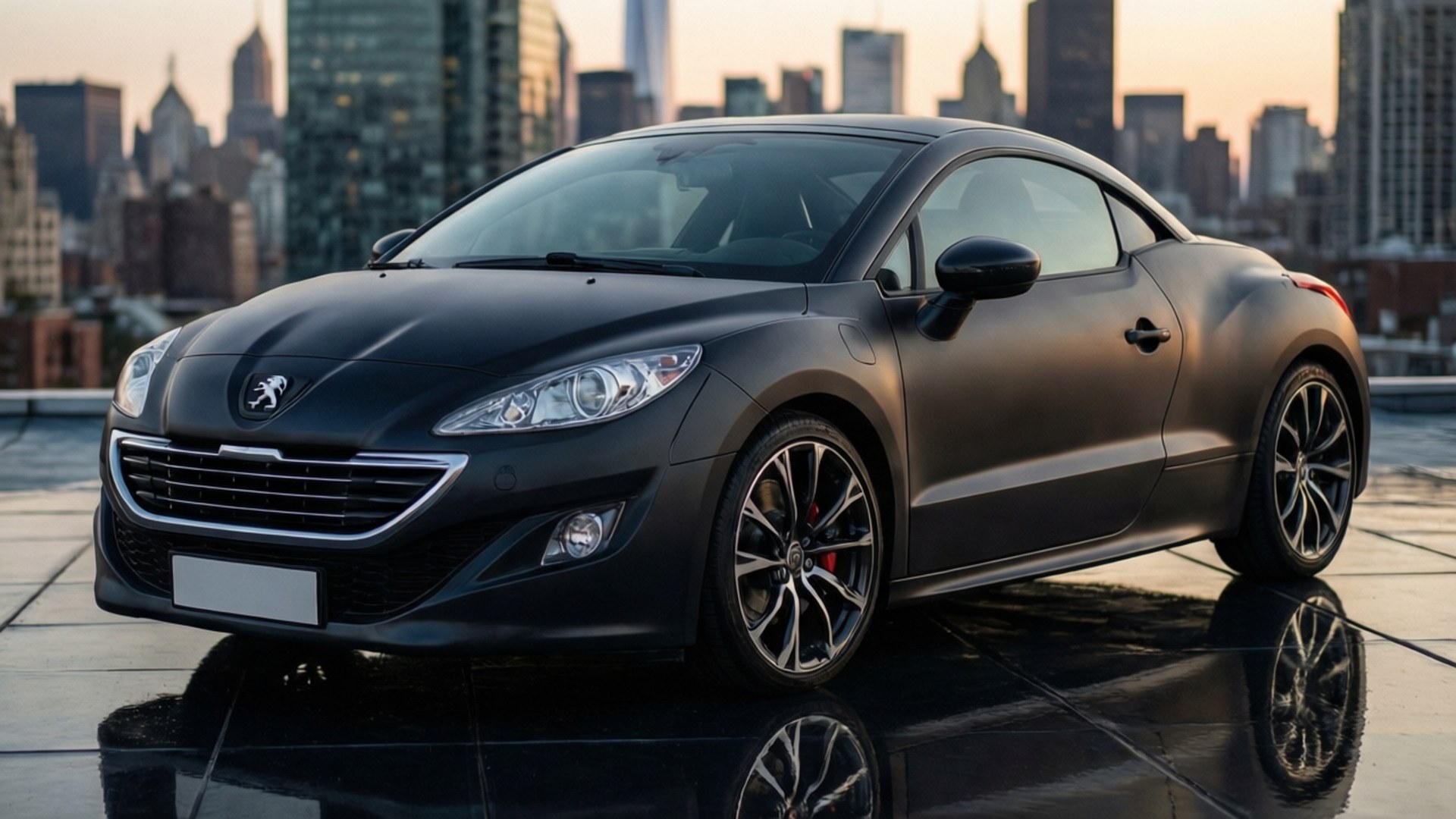 Rooftop RCZ Dusk 壁紙 — 一輛時尚的消光黑色Peugeot 208 GT停在濕漉漉的屋頂上，背景是黃金時刻模糊的城市天際線。