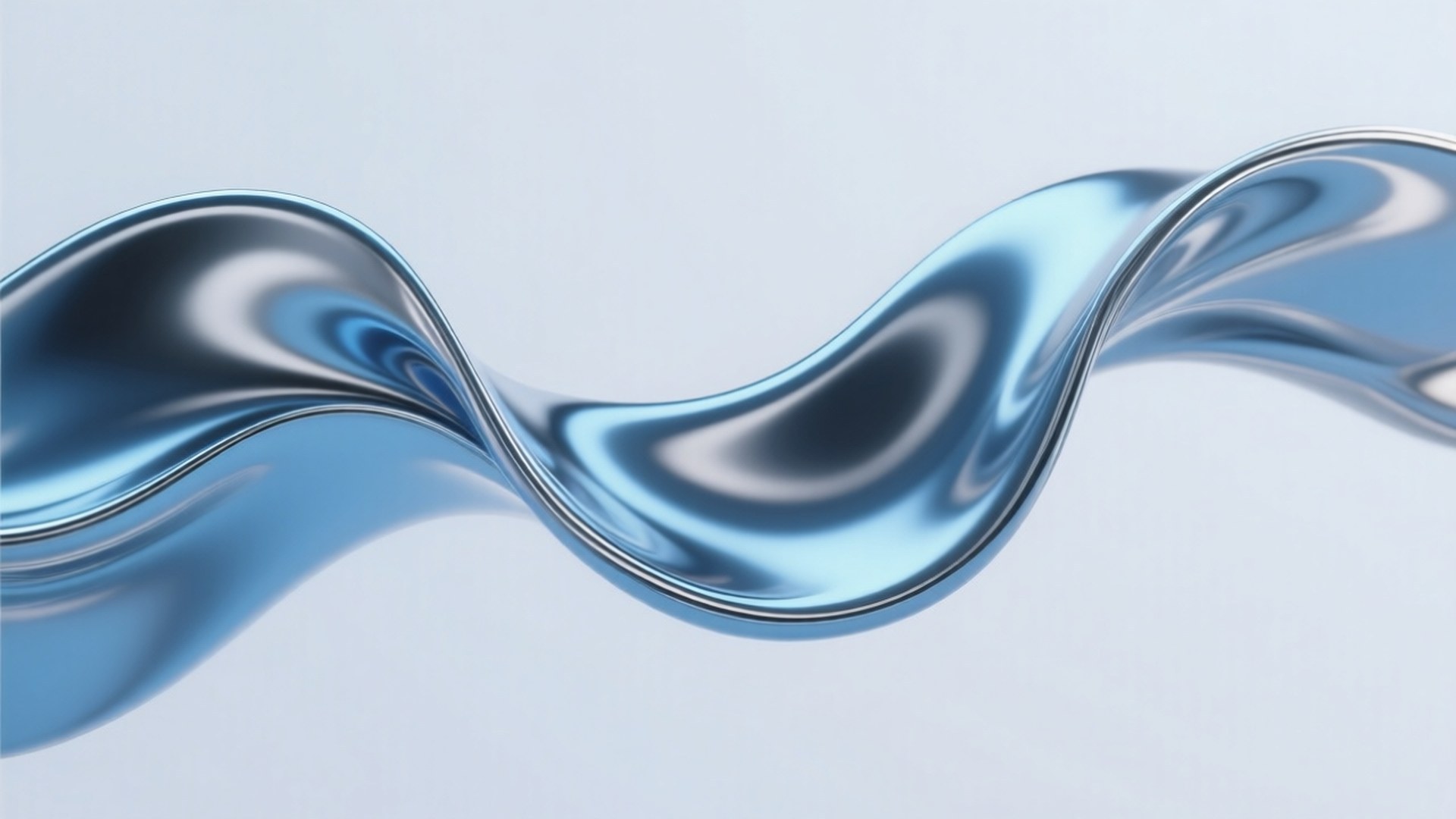 Liquid Metal Flow 壁紙 — 一條流線型的金屬藍色波浪，在柔和的淺灰色背景上優雅地彎曲，帶有反射高光。