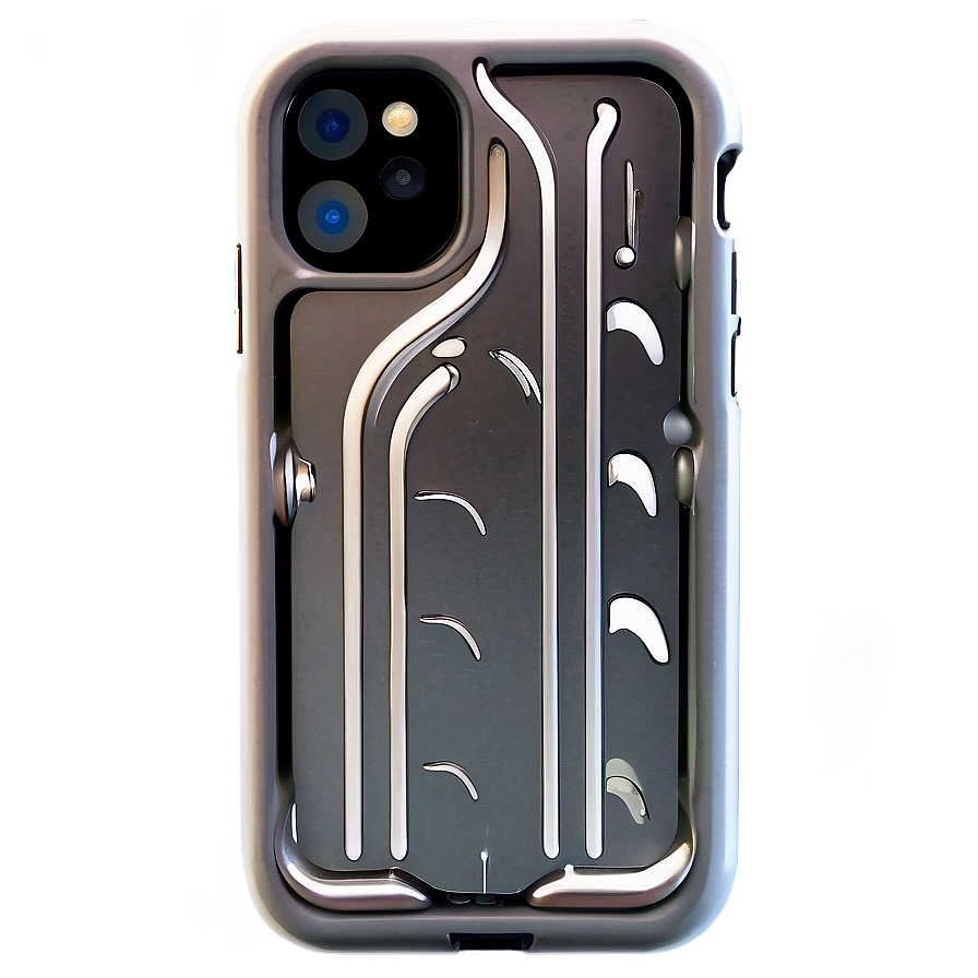 一個現代手機殼，帶有發光的霓虹邊緣和抽象的銀色鏤空。 — iPhone 11 壁紙