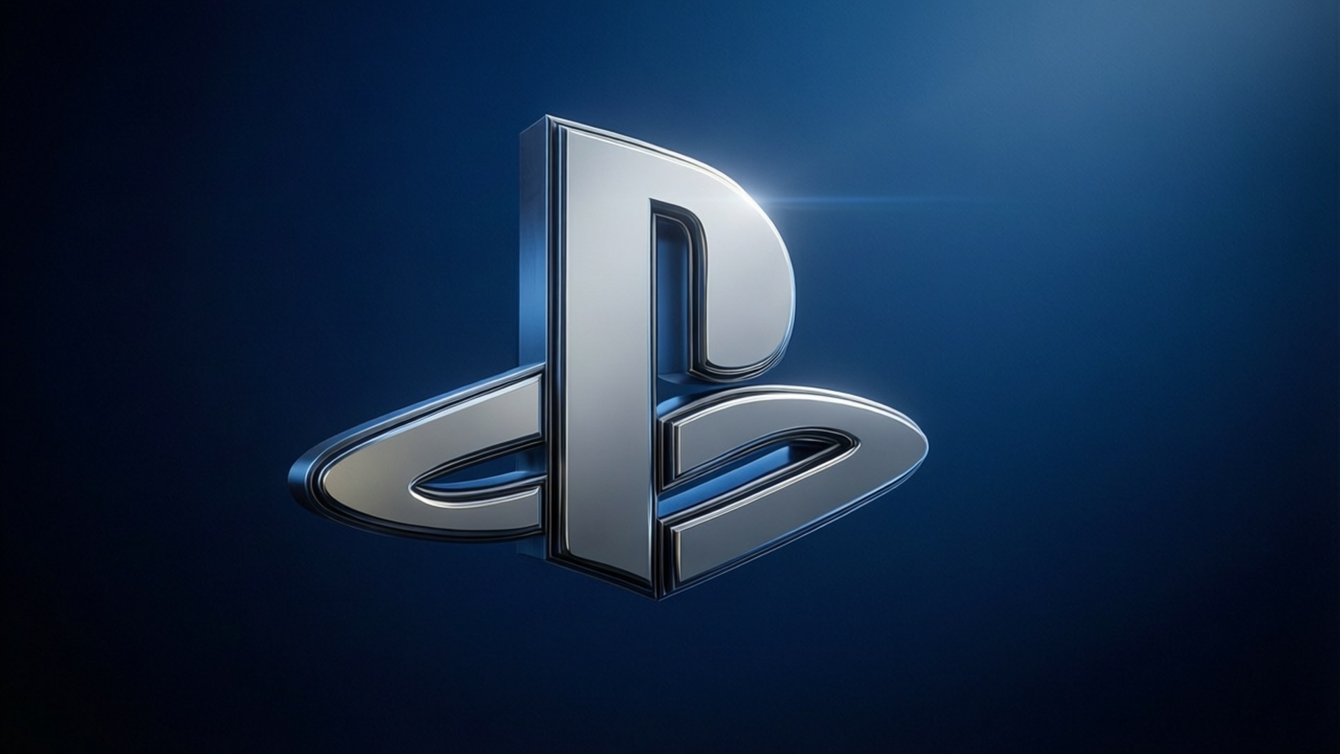 PlayStation Logo 3D 壁紙 — 一個時尚的金屬 PlayStation 標誌在深藍色漸變背景上發出明亮的光暈。