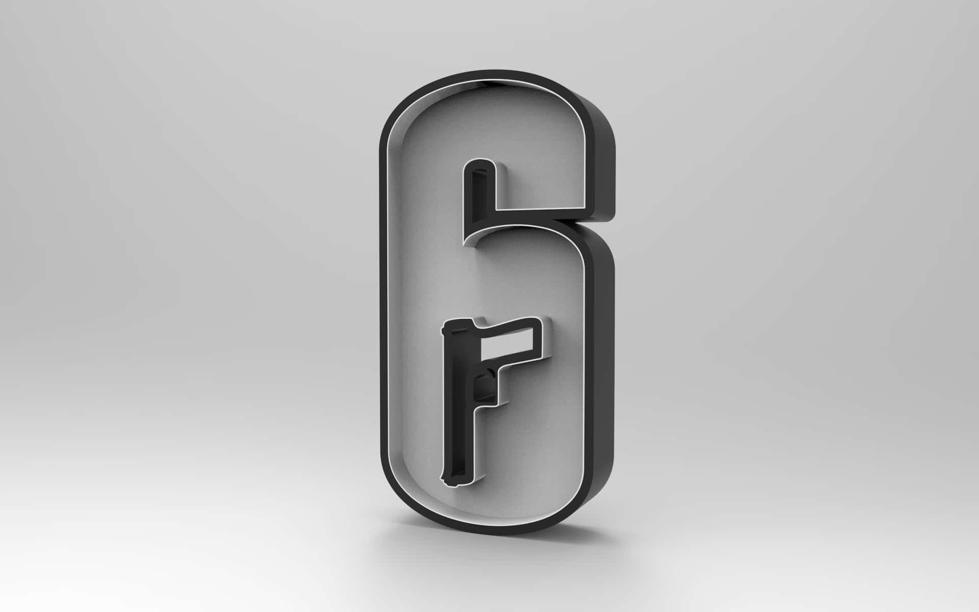  壁紙 — 一個時尚簡約的3D數字六，帶有黑色輪廓和灰色填充，居中放置在漸變灰色背景上。