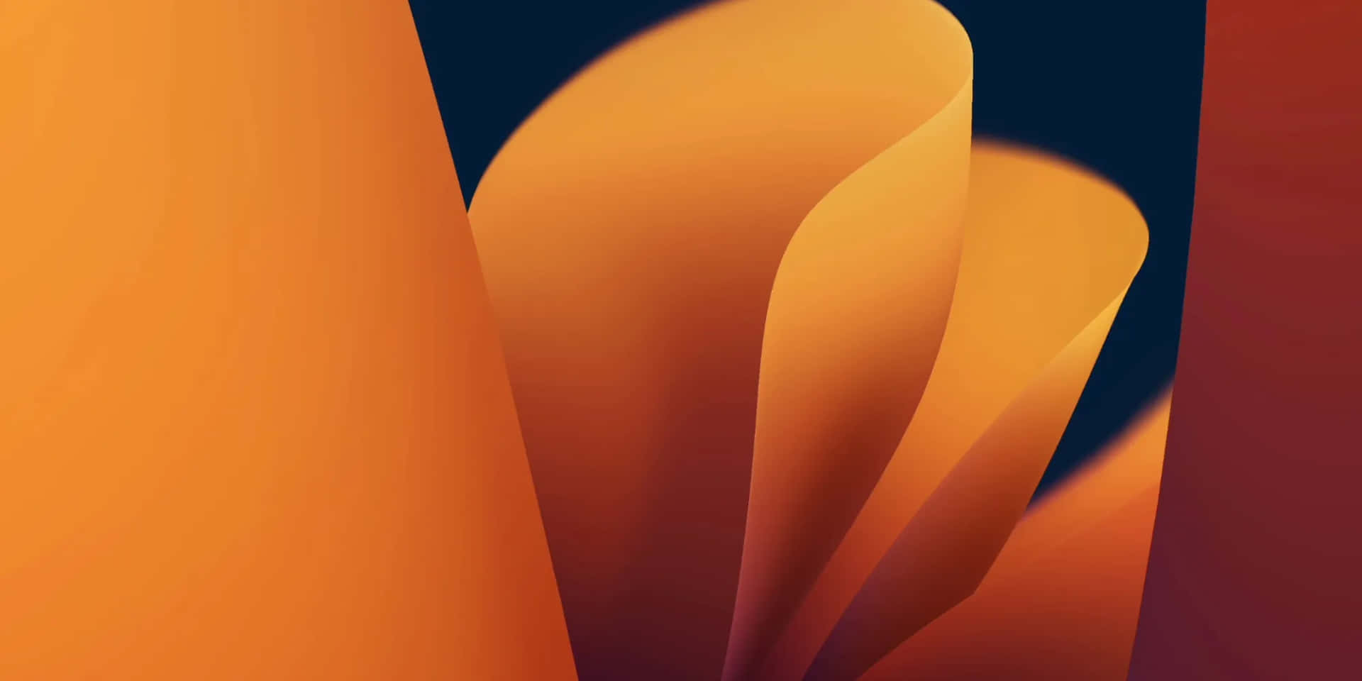  壁紙 — 時尚的橙色和紅色抽象曲線在深海軍藍背景下流動，形成極簡主義的數位藝術作品。