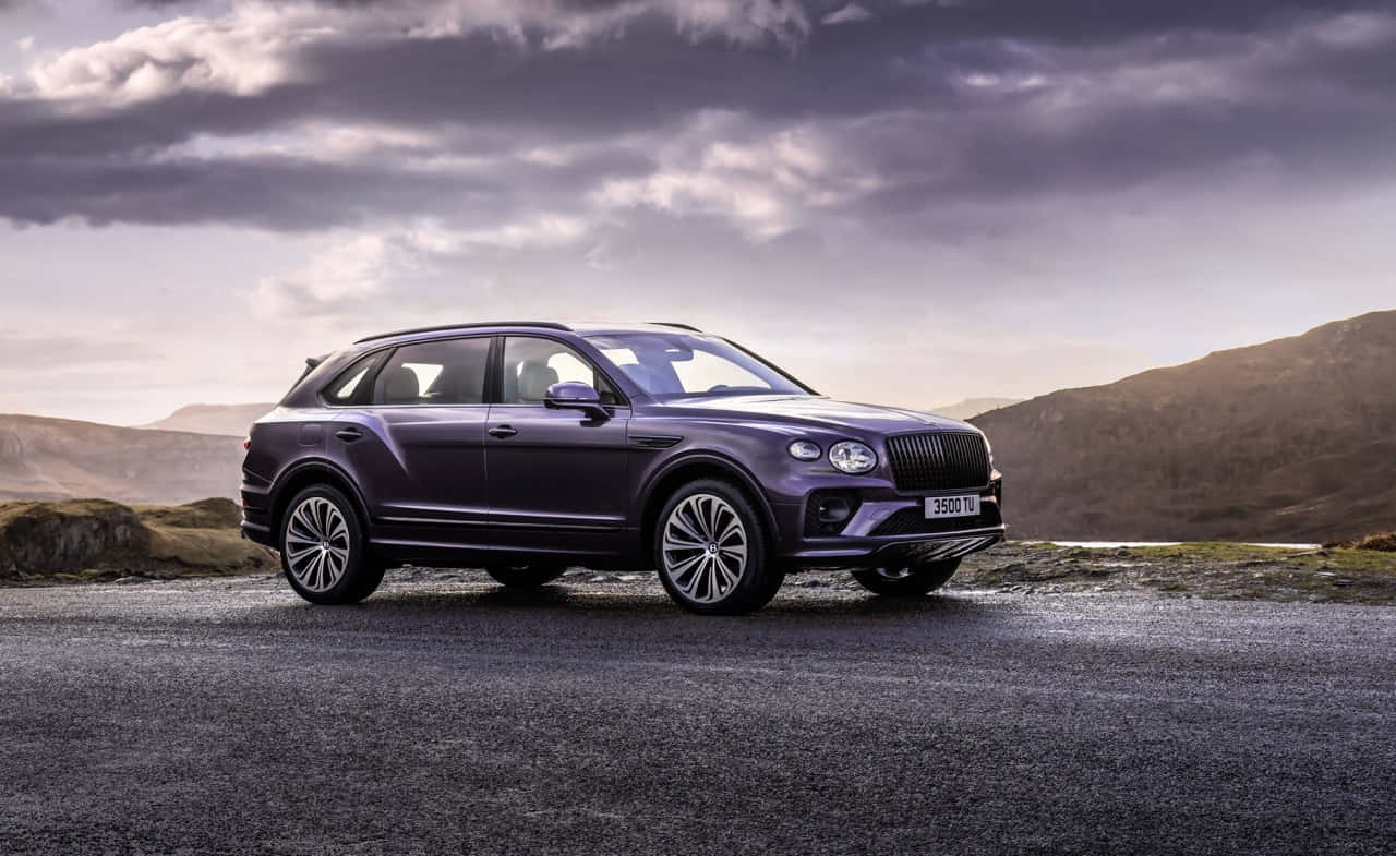 Bentley Bentayga 桌布 壁紙 — 一輛時尚的紫色 Bentley Bentayga SUV 停放在潮濕的道路上，背景是戲劇性的多雲天空和起伏的丘陵。