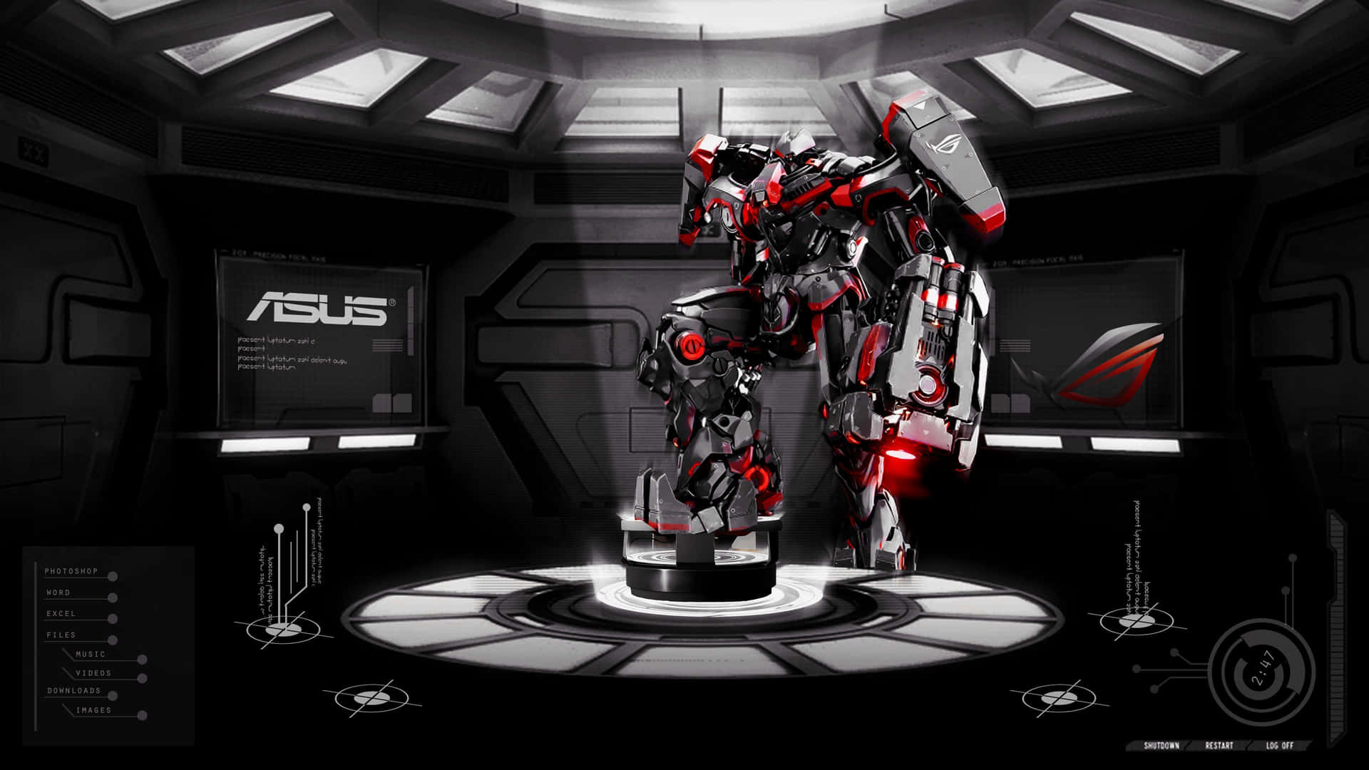 在一個帶有ASUS品牌的未來科技實驗室中的紅黑機械人機甲。 — Asus 壁紙