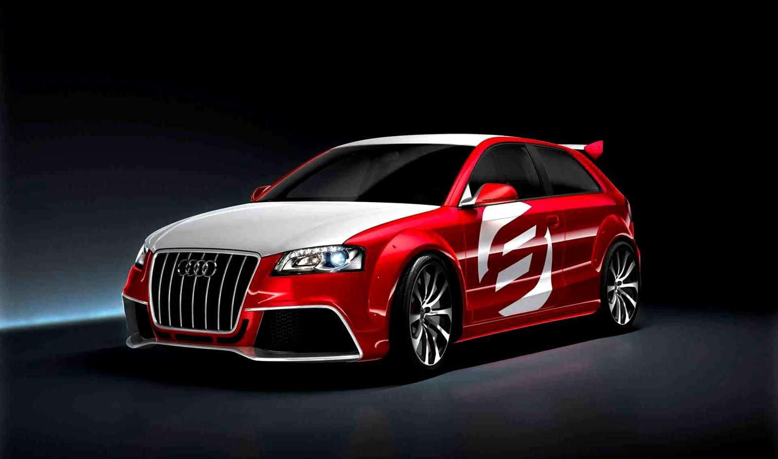 Audi A3 桌布 壁紙 — 一輛時尚的紅白奧迪跑車帶有醒目貼花，在戲劇性的工作室燈光下，在黑暗背景中閃耀。