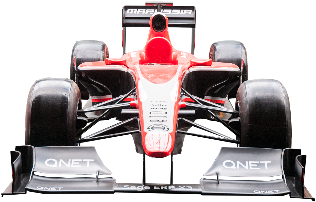 黑色背景上帶有QNET品牌的紅黑Marussia F1賽車。 — F1 壁紙