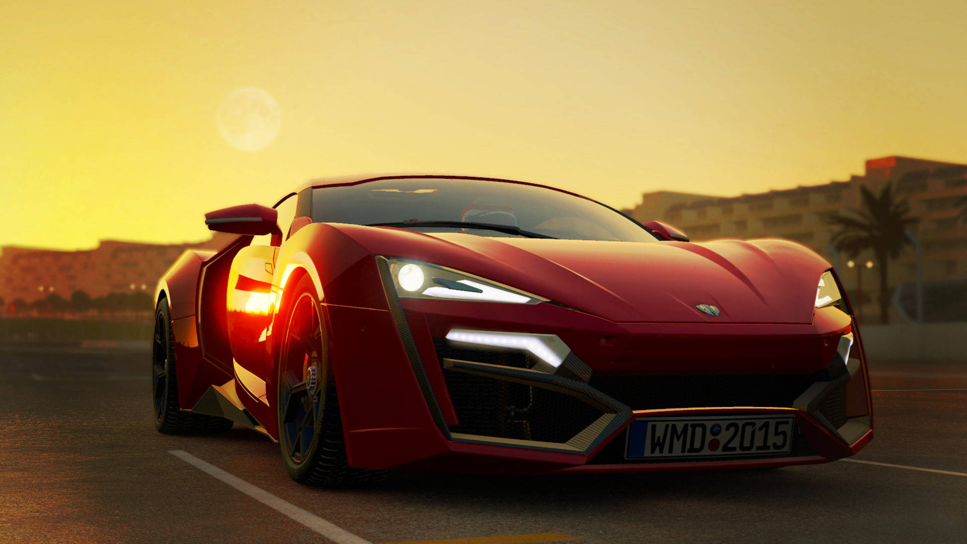 紅色跑車在日落時分的沿海道路上疾馳，伴隨著發光的月亮。 — Project Cars 2 壁紙