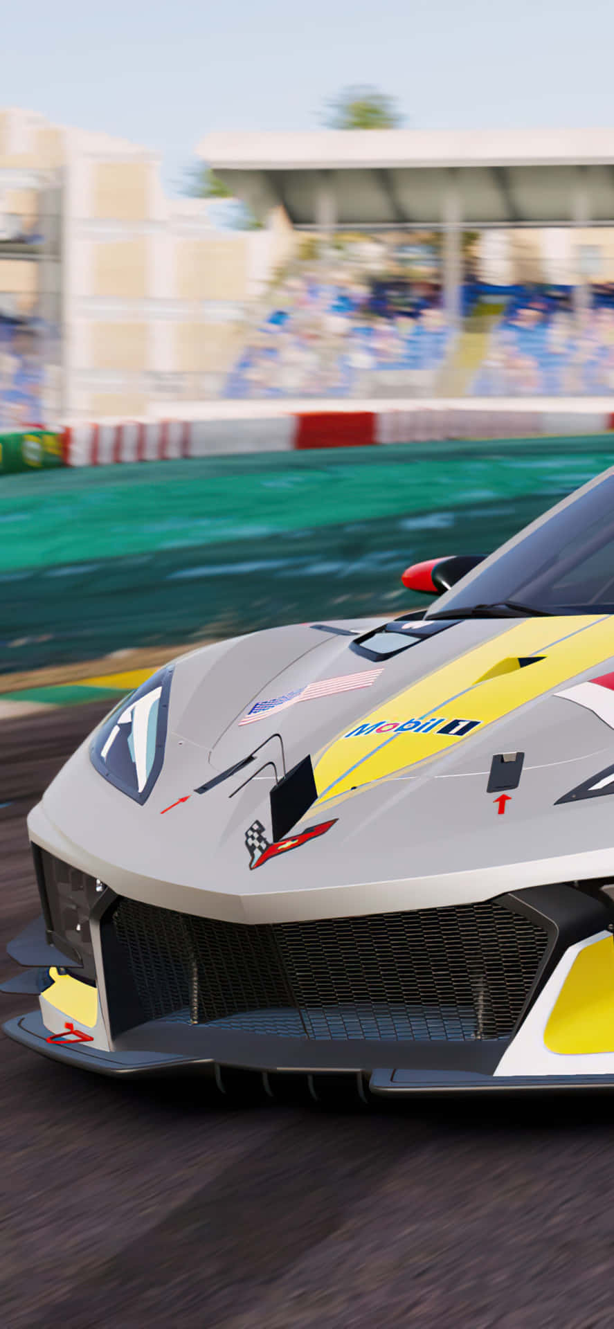 銀黃色賽車在賽道上疾馳，觀眾模糊。 — Project Cars 2 壁紙