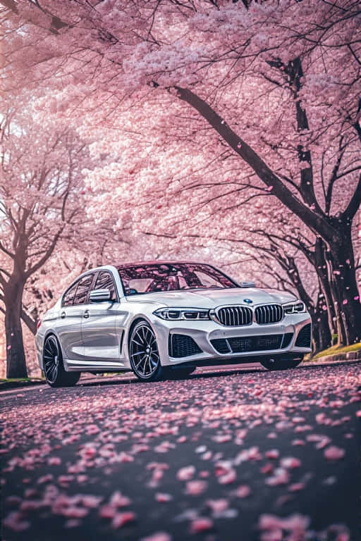 Aesthetic Spring Sleek White BMW Under Cherry Blossoms 壁紙 — 一輛時尚的銀色寶馬轎車停放在充滿活力的粉紅色櫻花樹冠下，花瓣散落在路上。