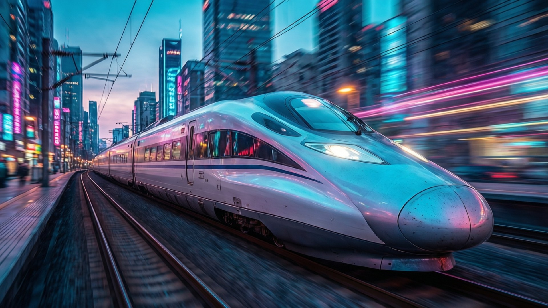 Rapid Transit 桌布 壁紙 — 一列流線型的銀色子彈列車在黃昏時分，穿過霓虹燈照亮的高樓峽谷，留下動態模糊的軌跡。
