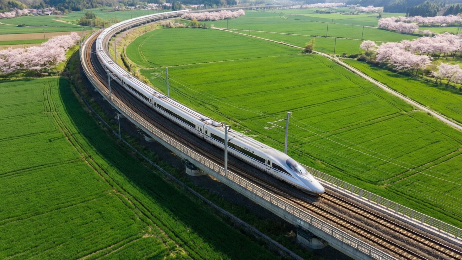 Railway 桌布 壁紙 — 一輛流線型的銀色子彈列車在盛開的粉紅色櫻花樹點綴的翠綠田園中沿著高架軌道飛馳。