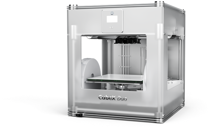 銀色 CubeX Duo 3D 印表機在白色表面上，背景為黑色。 — 3D 壁紙