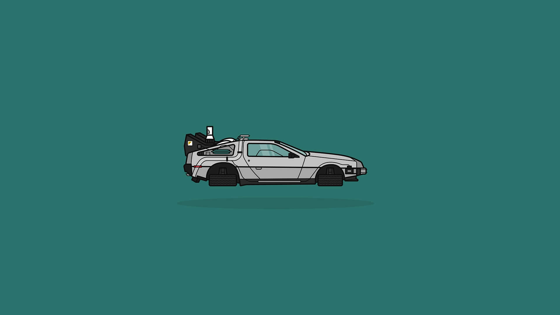  壁紙 — 一架時尚的銀色DeLorean，配備鷗翼車門和通量電容器，位於純青色背景中央。