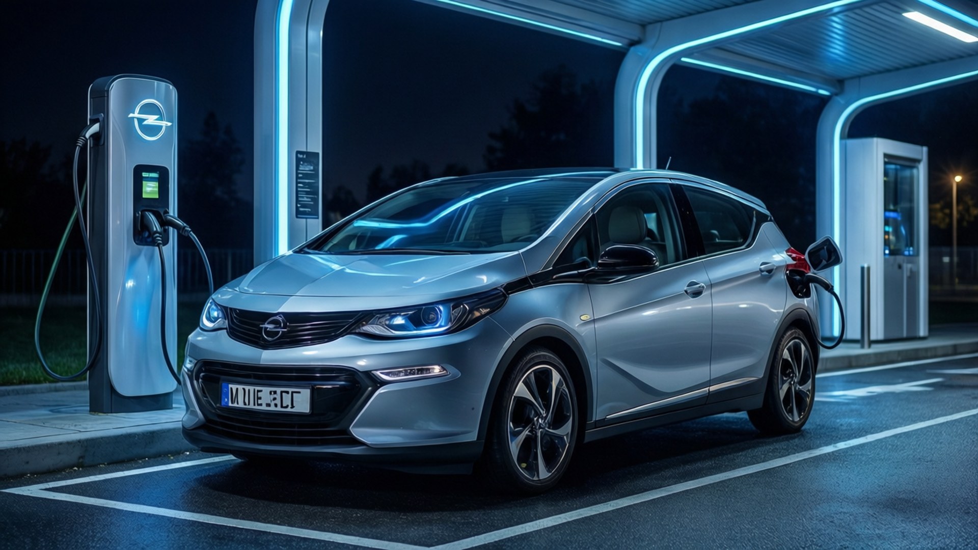 歐寶 桌布 壁紙 — 一輛時尚的銀色電動車在夜間現代充電站閃爍的藍色霓虹燈下充電。