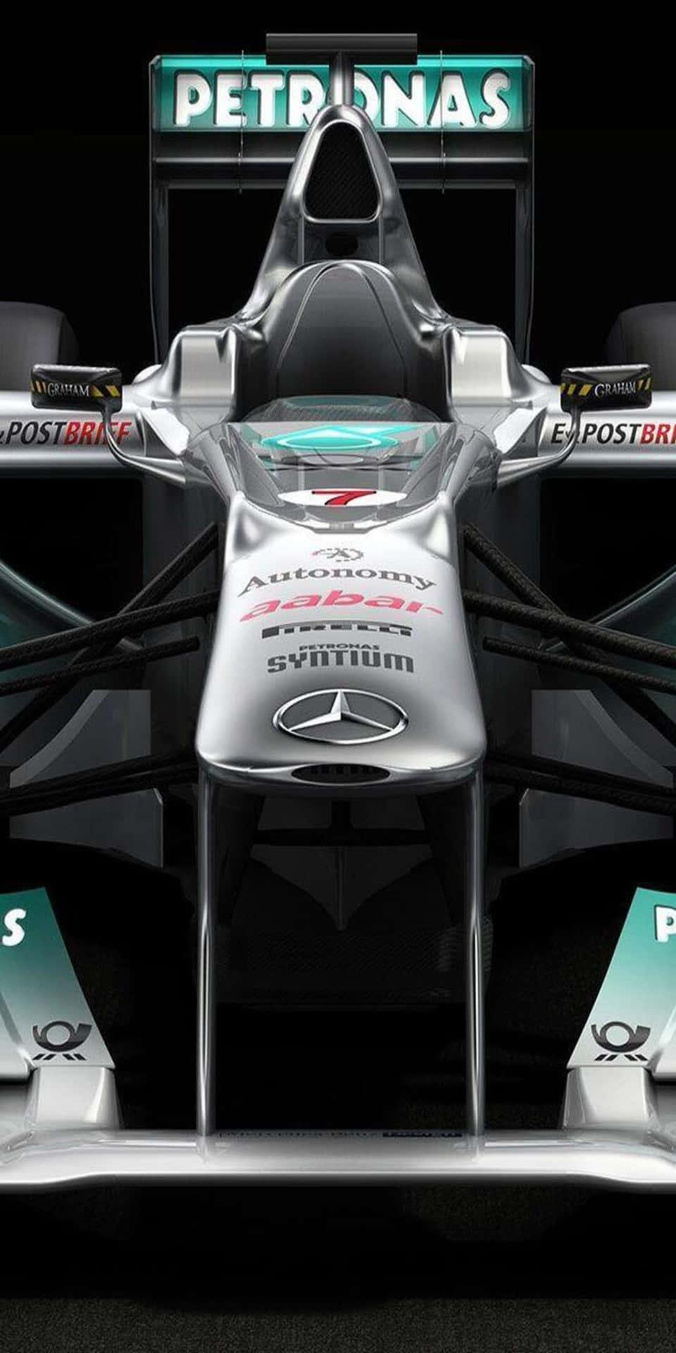 帶有Petronas和Mercedes標誌的銀色一級方程式賽車正面視圖。 — F1 壁紙