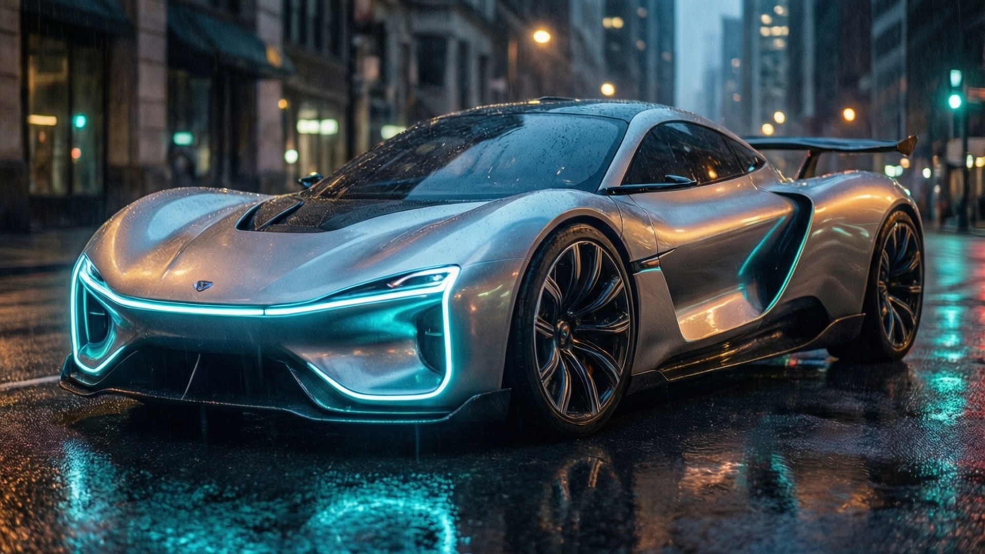 Neon Sports Car 壁紙 — 一輛時尚的銀色未來主義跑車，帶有發光的藍色車頭燈，停在夜間潮濕的城市街道上。