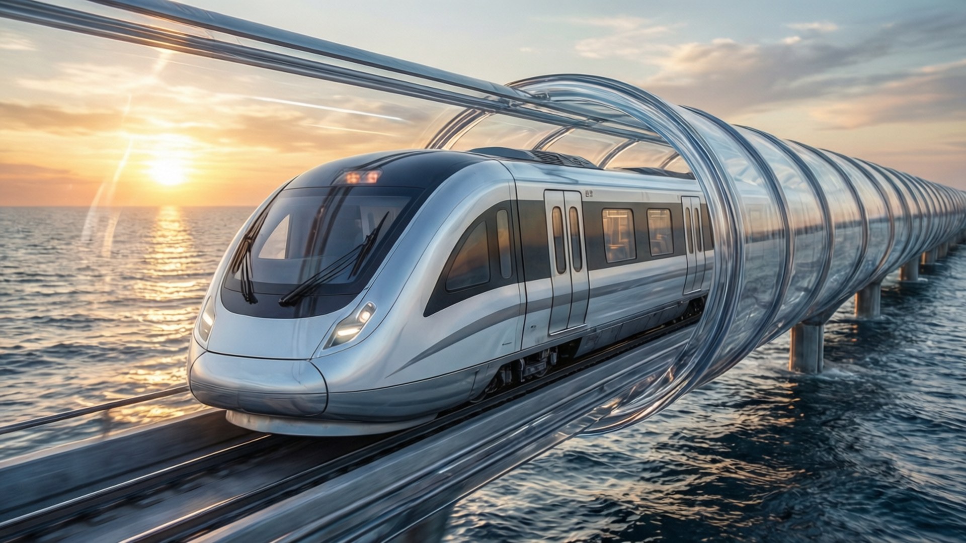 Hyperloop Over Sea 壁紙 — 一列時尚的銀色超迴路列車在金色日落時分，穿過懸掛在海洋上空的透明管道滑行。