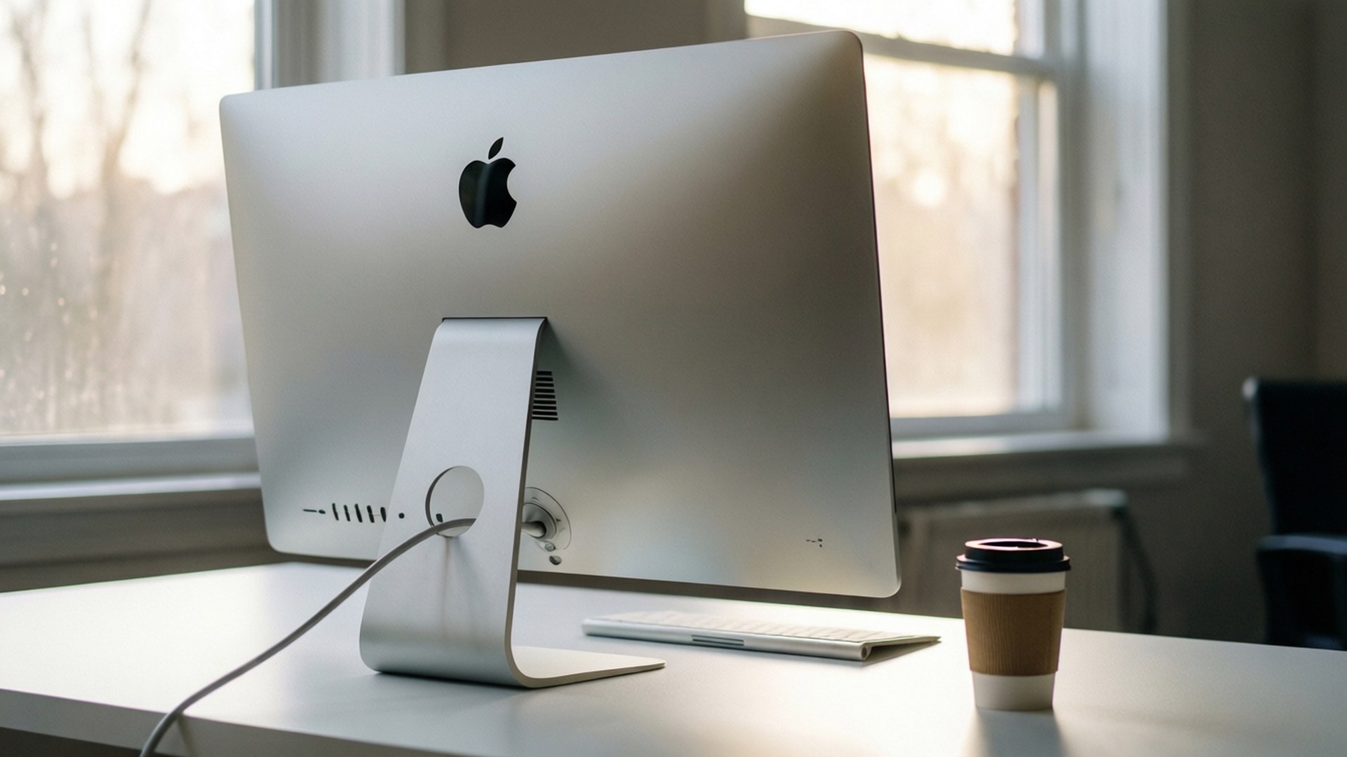 桌布 壁紙 — 一部時尚的銀色 iMac 放在白色桌子上，旁邊有一杯咖啡，柔和陽光從窗戶照射進來。