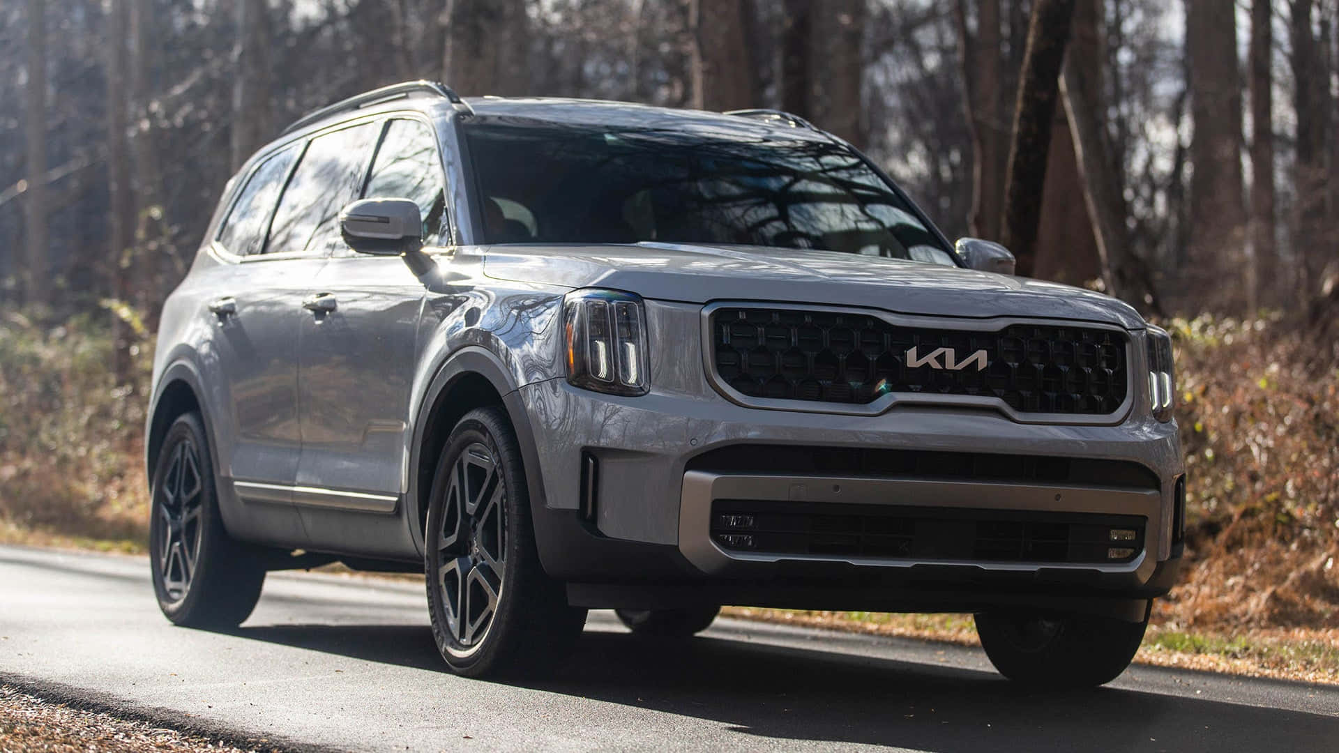 Kia Telluride 桌布 壁紙 — 一輛時尚的銀色Kia SUV在明亮的日光下行駛在一條有光禿樹木和乾葉的森林道路上。