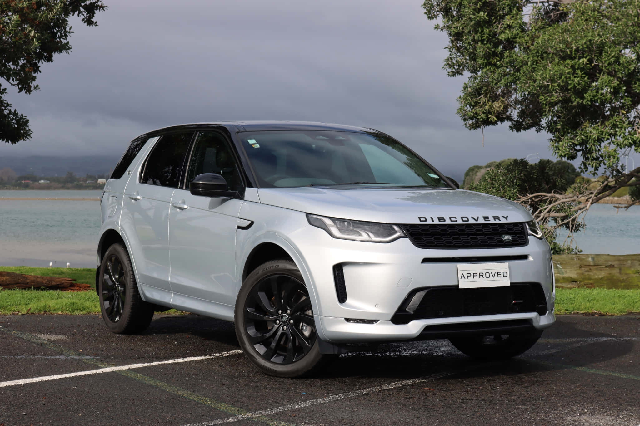 Land Rover Discovery 桌布 壁紙 — 一架時尚的銀色 Land Rover Discovery 停放在水邊的瀝青路上，天空多雲，綠樹環繞著場景。